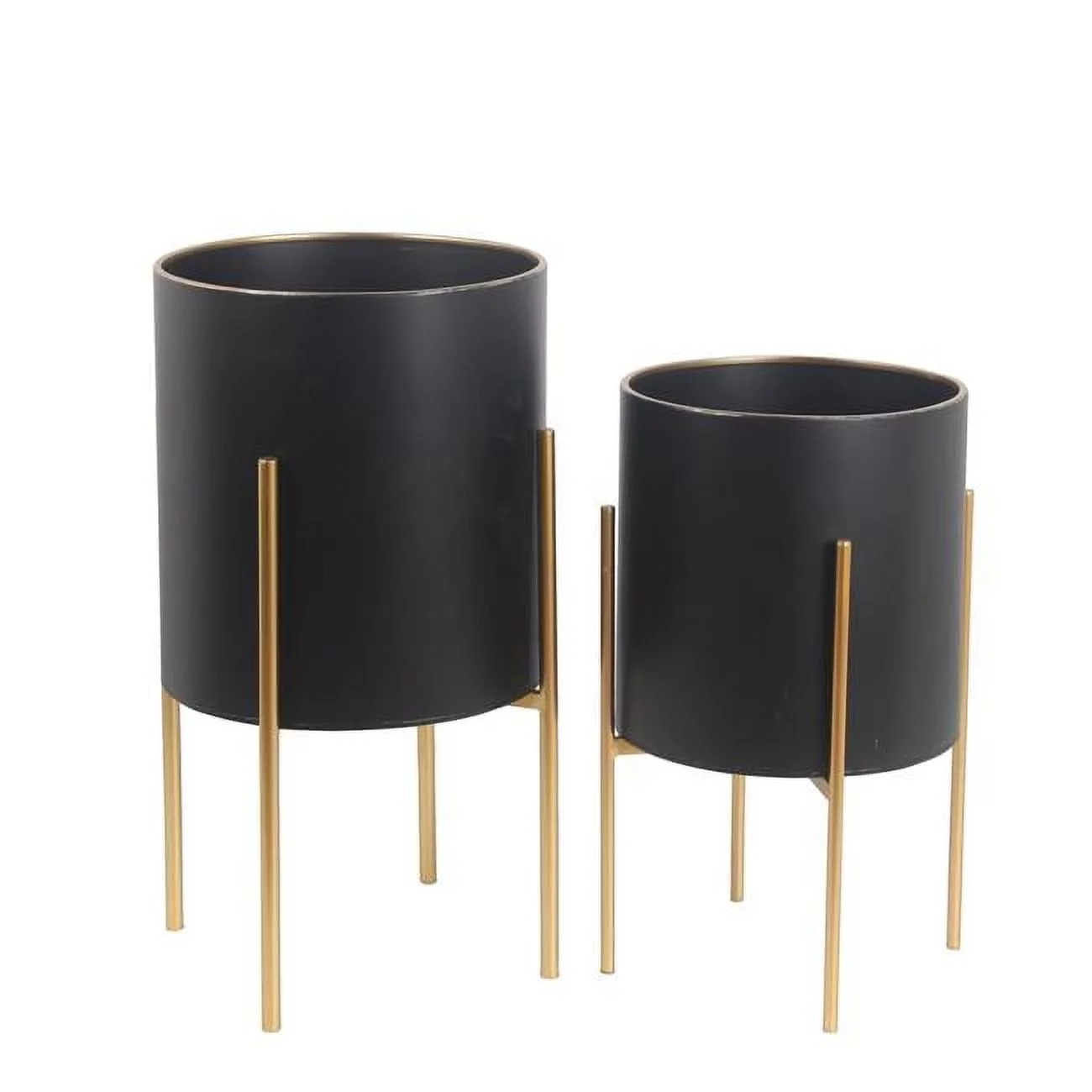 Privilege 024-004 Decorative Metal Planters with Collapsible 4 Leg Metal Stand, Black & Gold - Set of 2