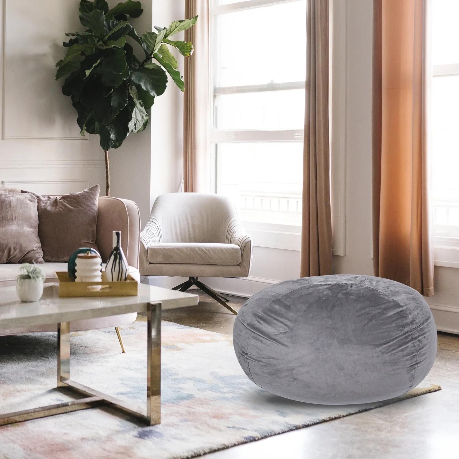 YLtoohoom Velvet Bean Bag Chair  Grey - 3ft Plush Floor Chair for  and Adults w/Washable Cover  Lounge Chair with Stretchable Fabric  Comfy Bedroom Chair  Filled with Shredded and Memory