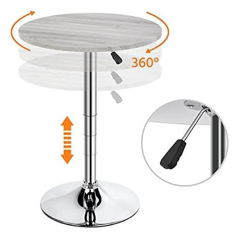 Height Adjustable Round Pub Table Counter Bar Height MDF Top Table 360° Swivel Bar Tables Tall Cocktail Tables Bistro Table, Grey