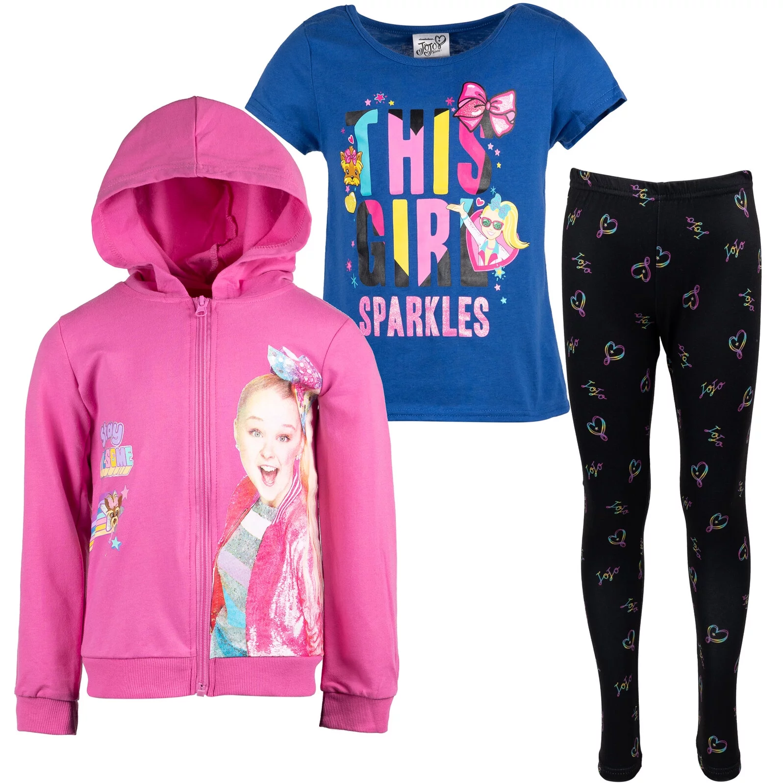 JoJo Siwa Little Girls Zip Up French Terry Hoodie T-Shirt and Leggings 3 Piece Outfit Set Little Kid to Big Kid