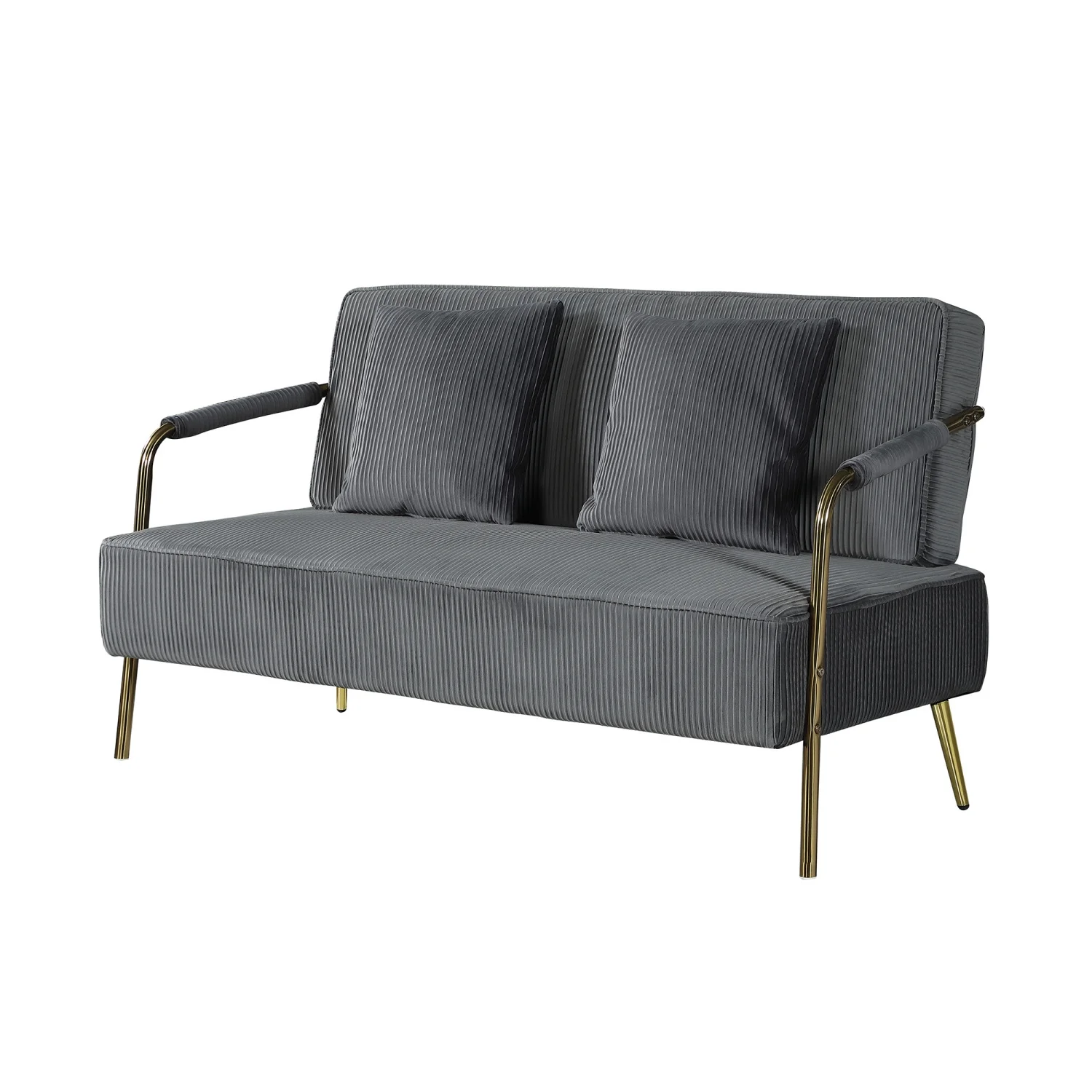 Modern and Comfortable 56” Upholstered Velvet Loveseat with Pleated Design  Comfy 2 Seater Small Sofa Couch featuring Gold Metal Legs and 2pcs Throw Pillows. Perfect for Living Room  Smal