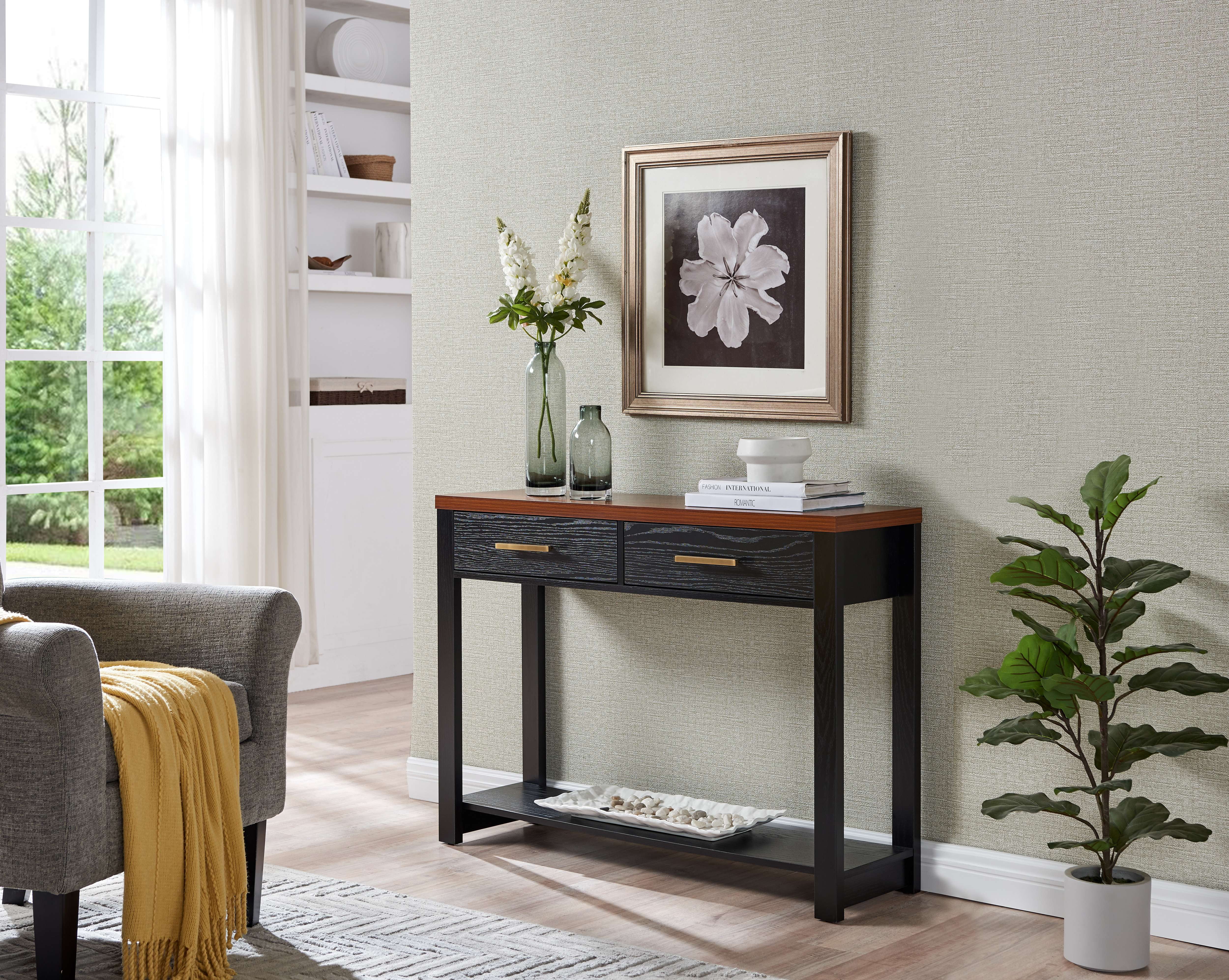 Kings Brand Furniture Elegant Wood Console Table with 2 Drawers and Open Shelf, Black/Walnut