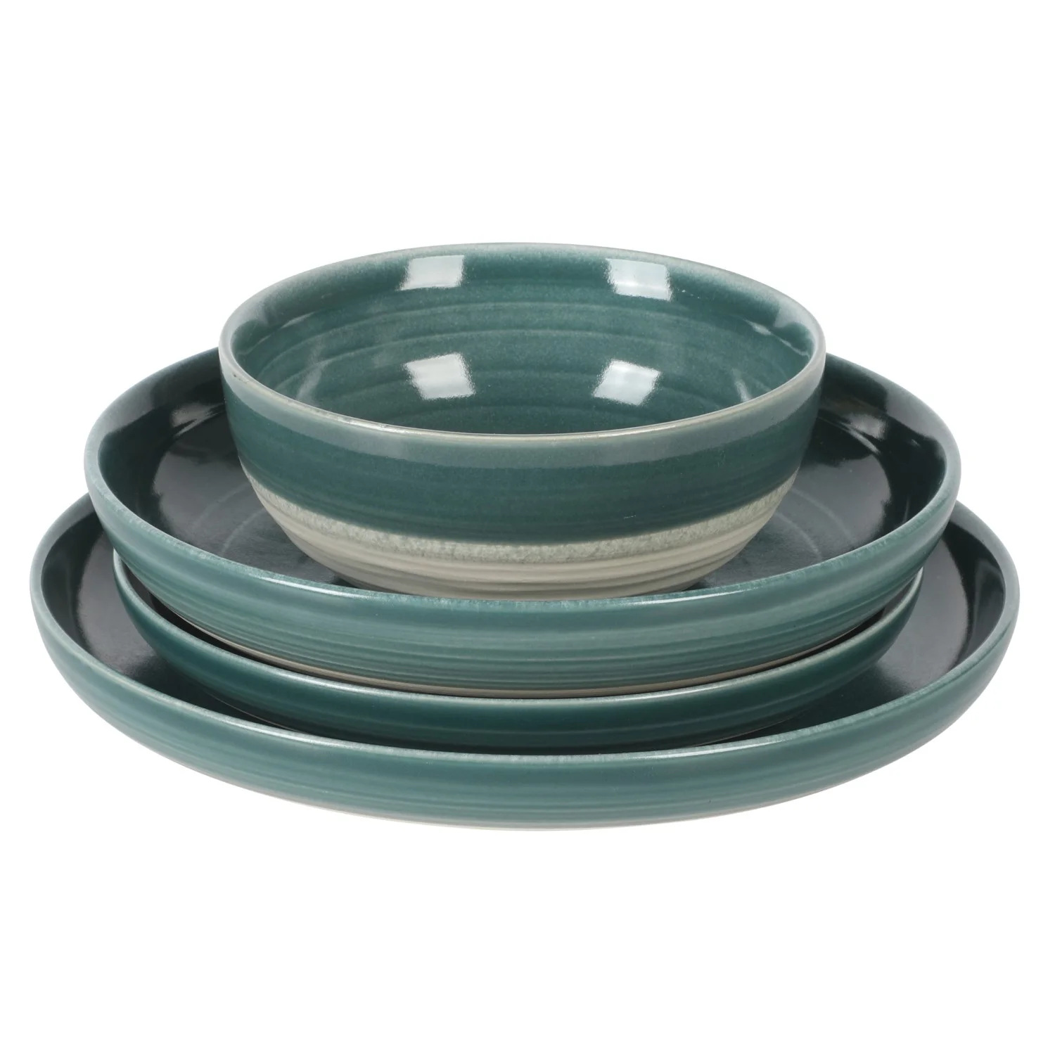 Gibson Elite Clarina 16 Piece Double Bowl Stoneware Reactive Glaze Round Plates and Bowls Dinnerware Set - Teal
