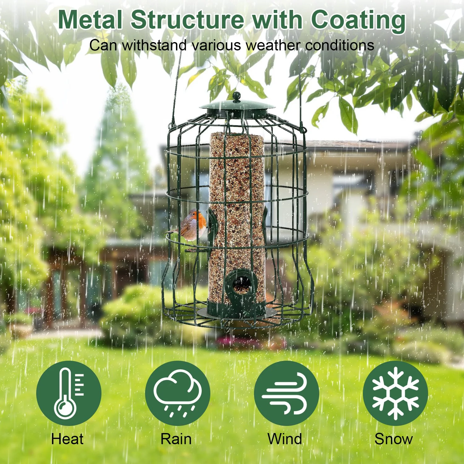 Bird Feeder for Outside, iMounTEK Squirrel Proof Bird Feeders for Outdoors Hanging, Metal Wild Bird Feeders Small Songbirds, 4 Feeding Ports, Chew-Proof, Weather-Resistant Green