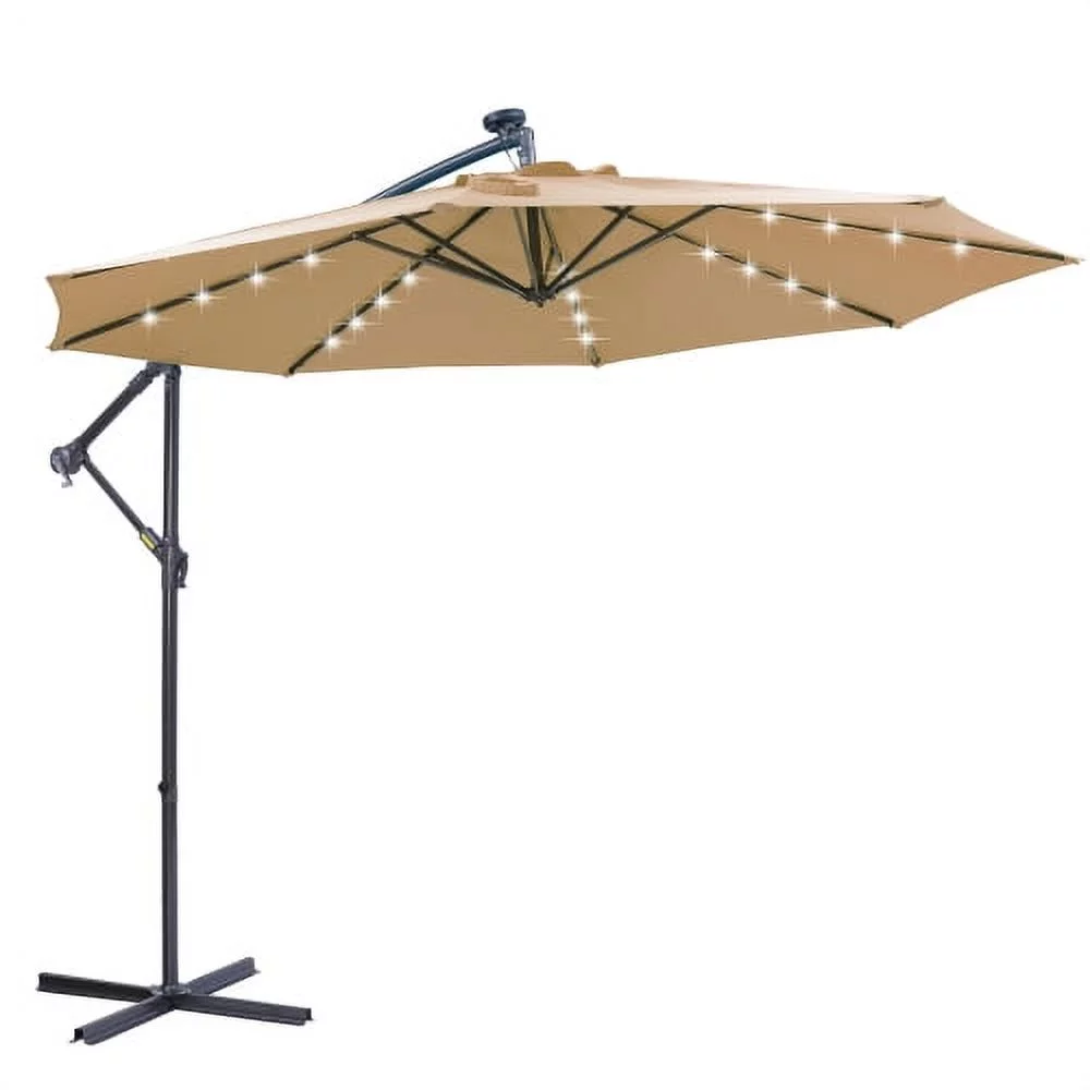 Qulable 10 FT Solar LED Patio Outdoor Umbrella Hanging Cantilever Umbrella Offset Umbrella Easy Open Adustment with 32 LED Lights -taupe
