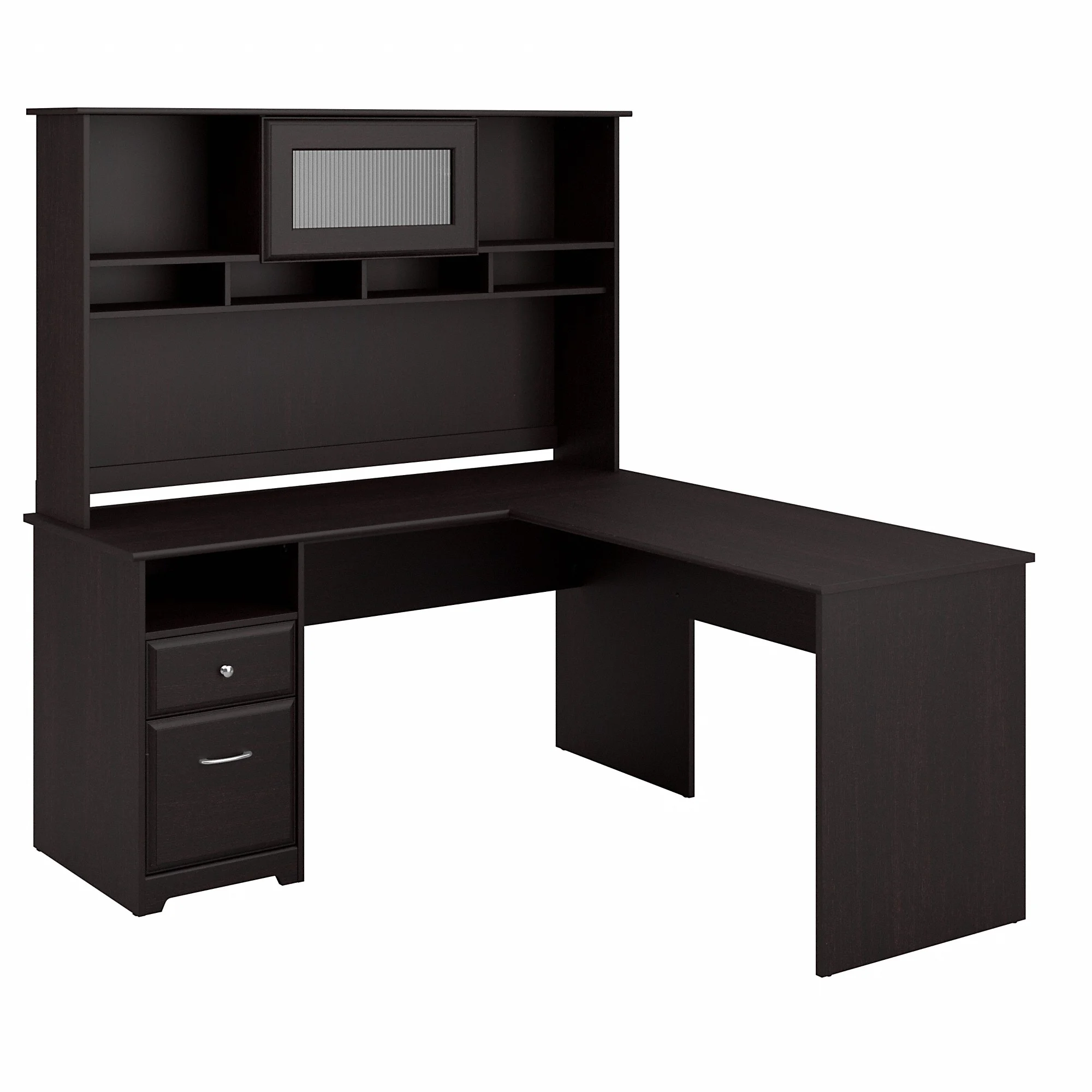 Cabot Modern 60W L Desk with Hutch, includes File Drawer and Storage Shelves in Espresso Oak