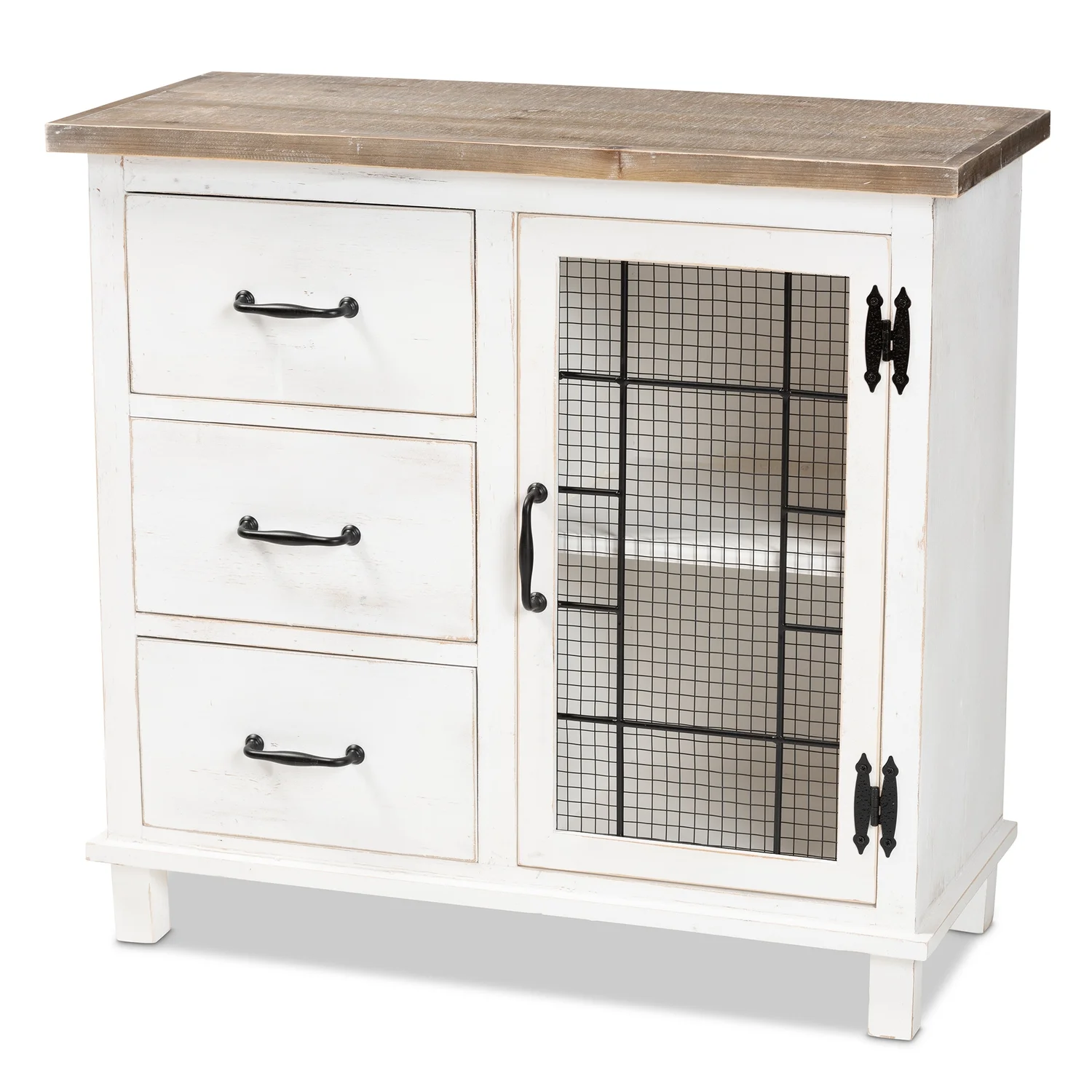HomeStock Classic And Traditional Victorian Vintage Two-Tone Distressed White And Oak Brown Finished Wood 3-Drawer Storage Cabinet
