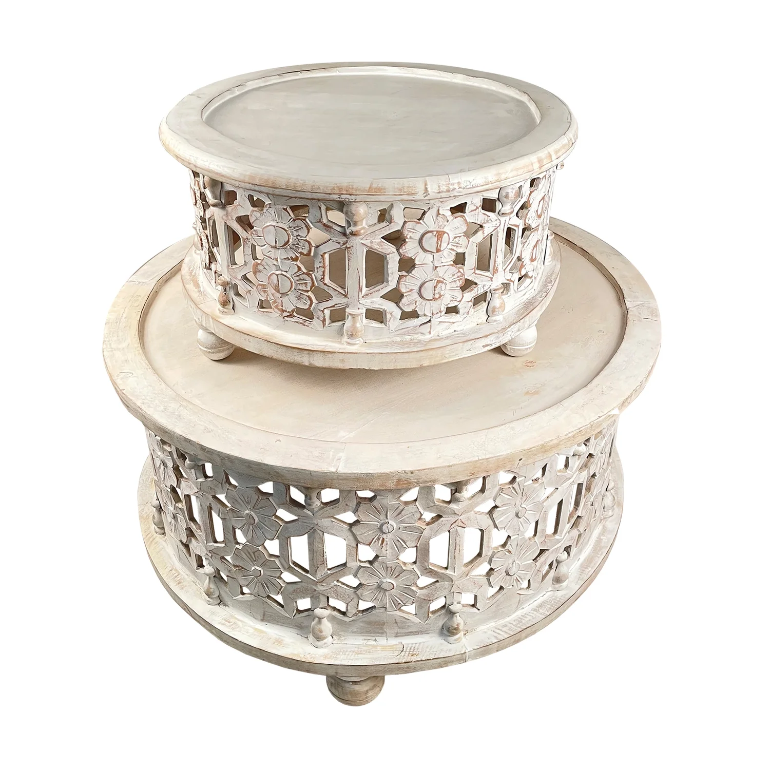 Maykoosh 30 Inch Round 2 Piece Wood Coffee Table Set, Carved Floral Design, Urban Oasis White