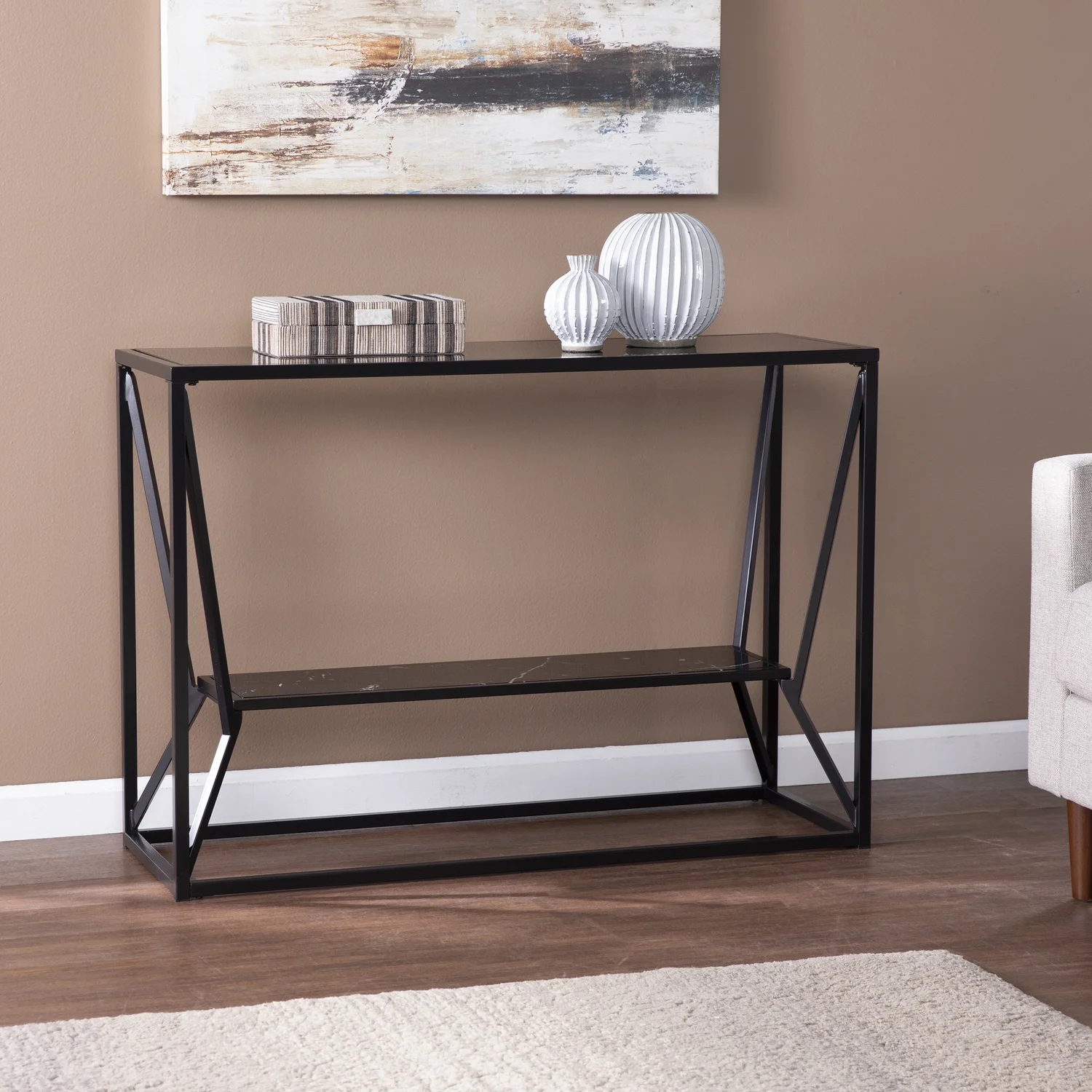 SEI Furniture Argall Metal Long Console Table with Glass Top in Black