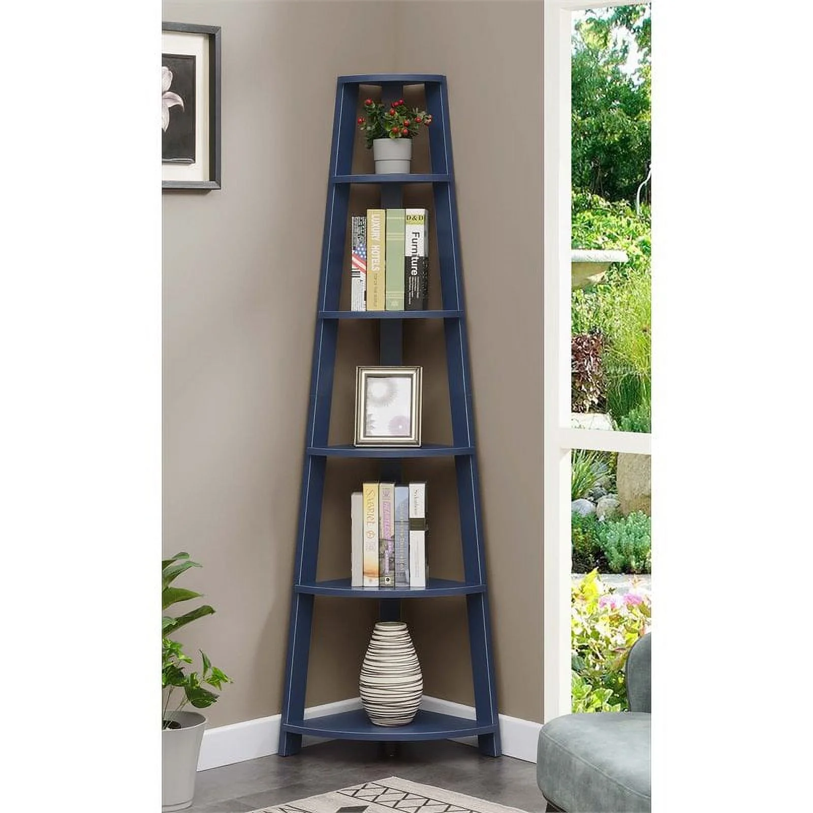 Pemberly Row Contemporary 5-Tier Corner Bookshelf in Blue Wood