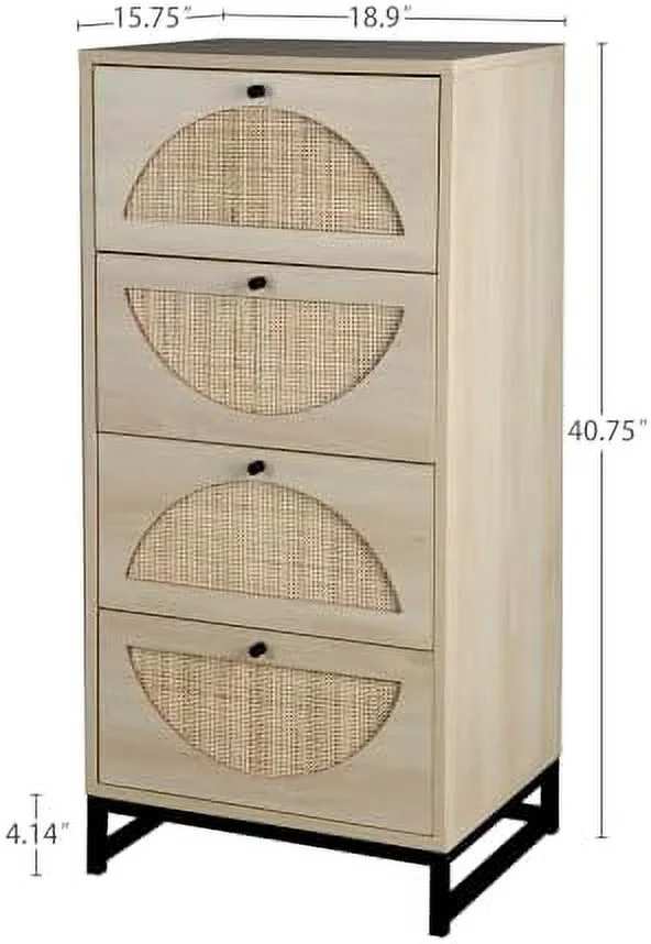 WTYNKAE Natural Rattan 4 Drawer Dresser  Tall Rattan Cabinet with Metal Base  Rattan Cabinet  Tower  Wooden Bedside Table  Sofa Table  Entrance Hallway Shoe Cabinet  for Living Room Hallw