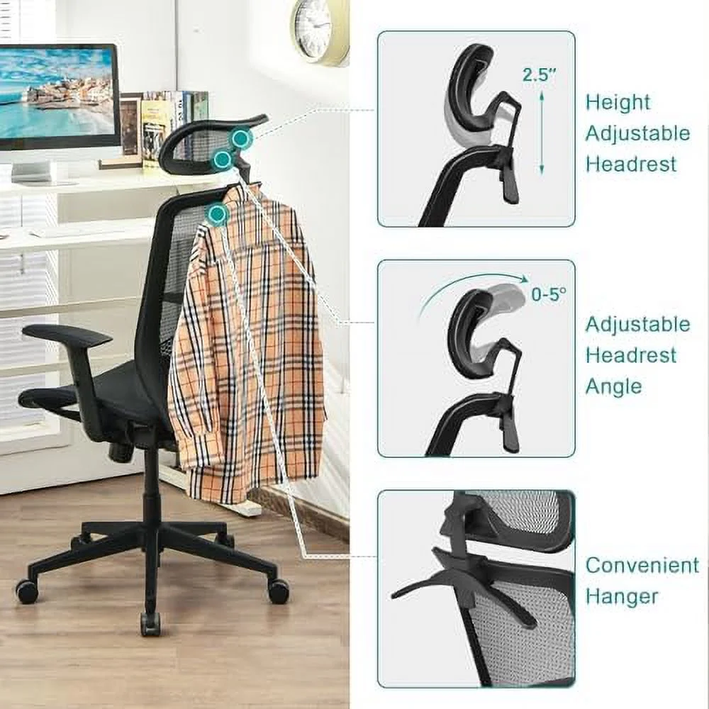 TQJKLFDY Ergonomic Office Chair - High-Back Computer Desk Mesh Chair with Clothing Hanger - Executive Swivel Task Chair with Adjustable Arms and Head  (Gray)