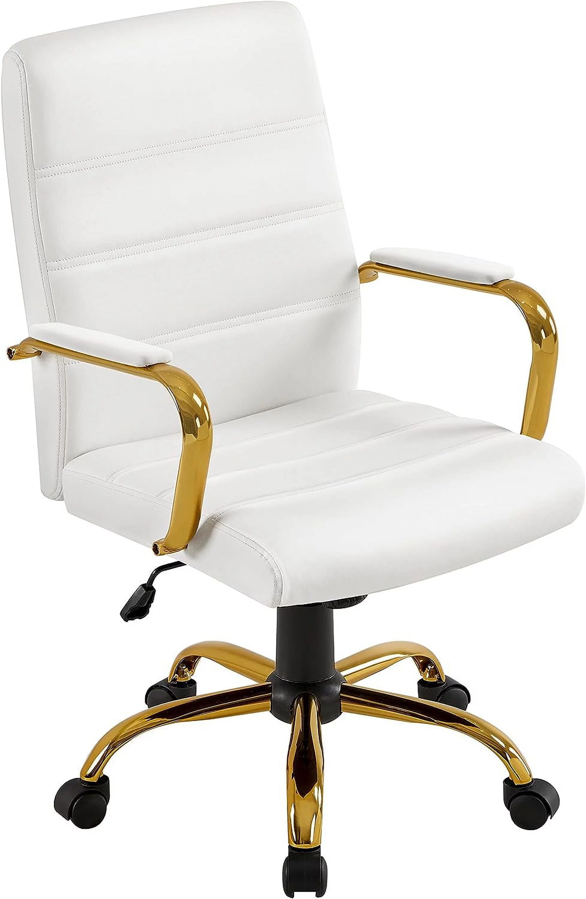 CGFHYP Mid-Back Office Chair PU Leather Desk Chair Adjustable Executive Task Chair w/Lumber Support Gold Leg White Seat