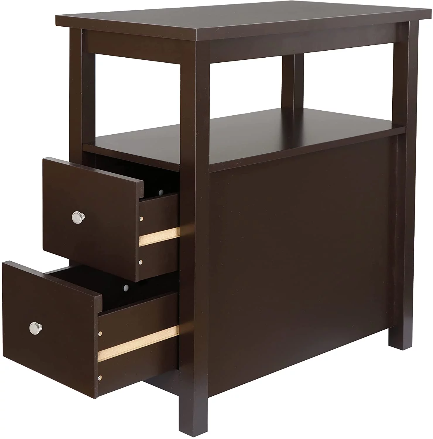 Narrow End Table, Slim Sofa Side Table with 2 Drawer and Open Storage Shelf Chairside for Living Room Bedroom Office, Brown