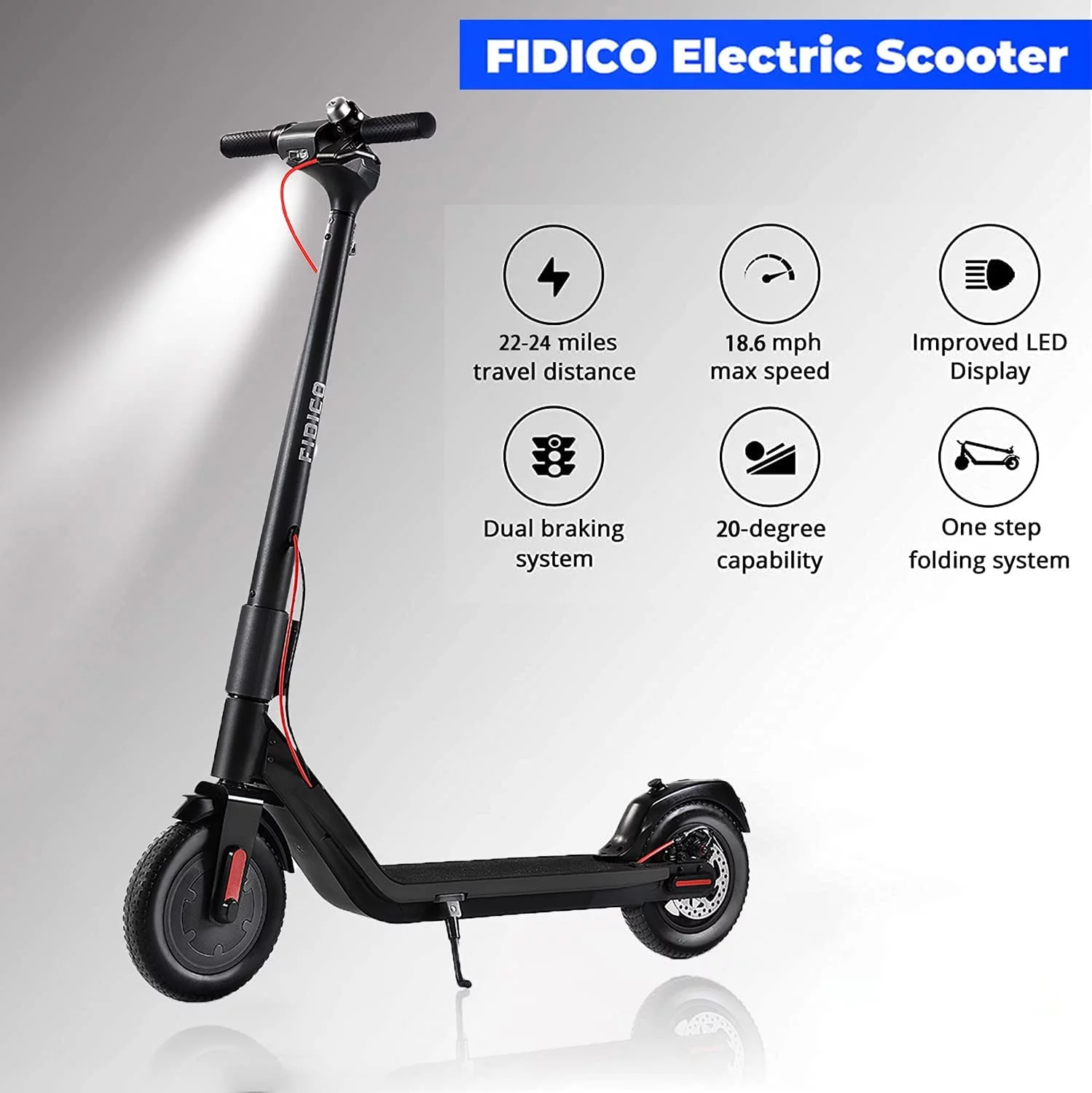 FIDICO Electric Scooter, 350W Brushless Motor, 10 inch Solid Tires, Up to 18 MPH & 20 Miles Range, Folding Commuter Electric Scooter for Adults
