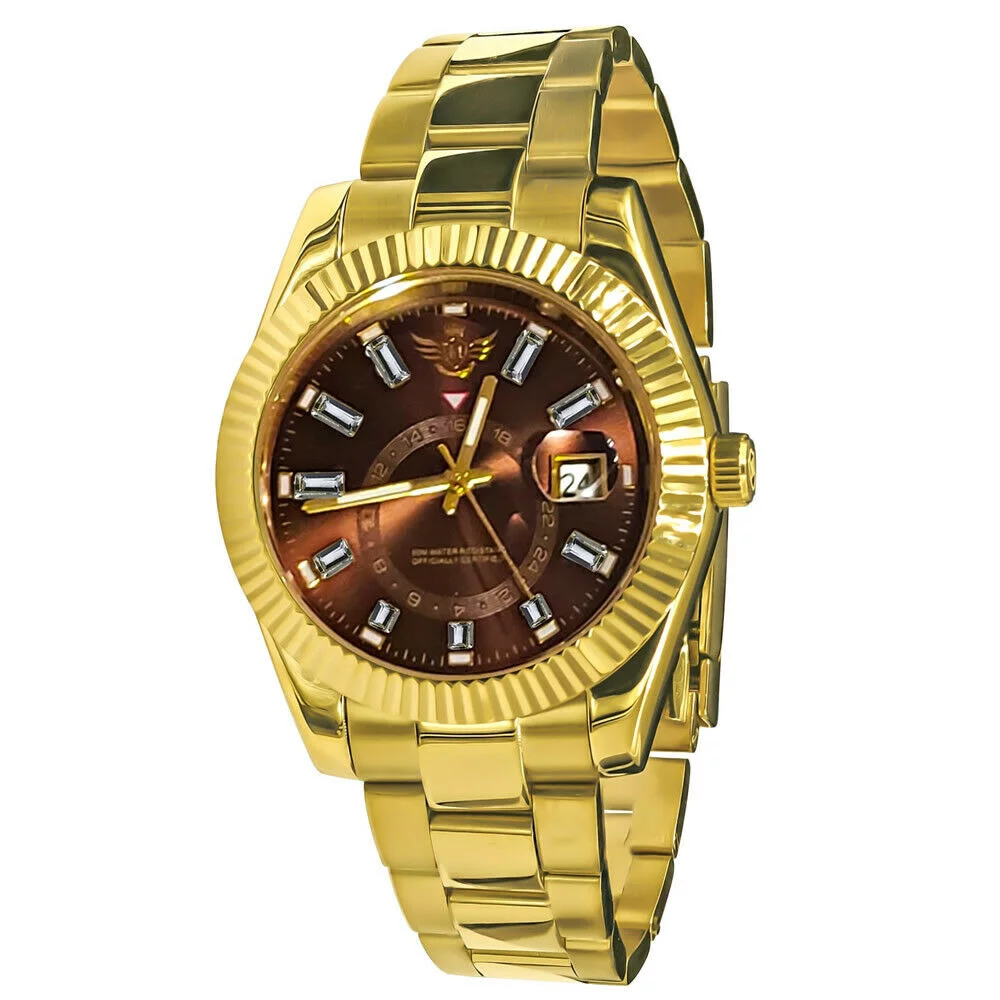 Men's Solid Steel Brown Dial 18K Gold Finish Simulated Diamond 40mm Watch W/Date