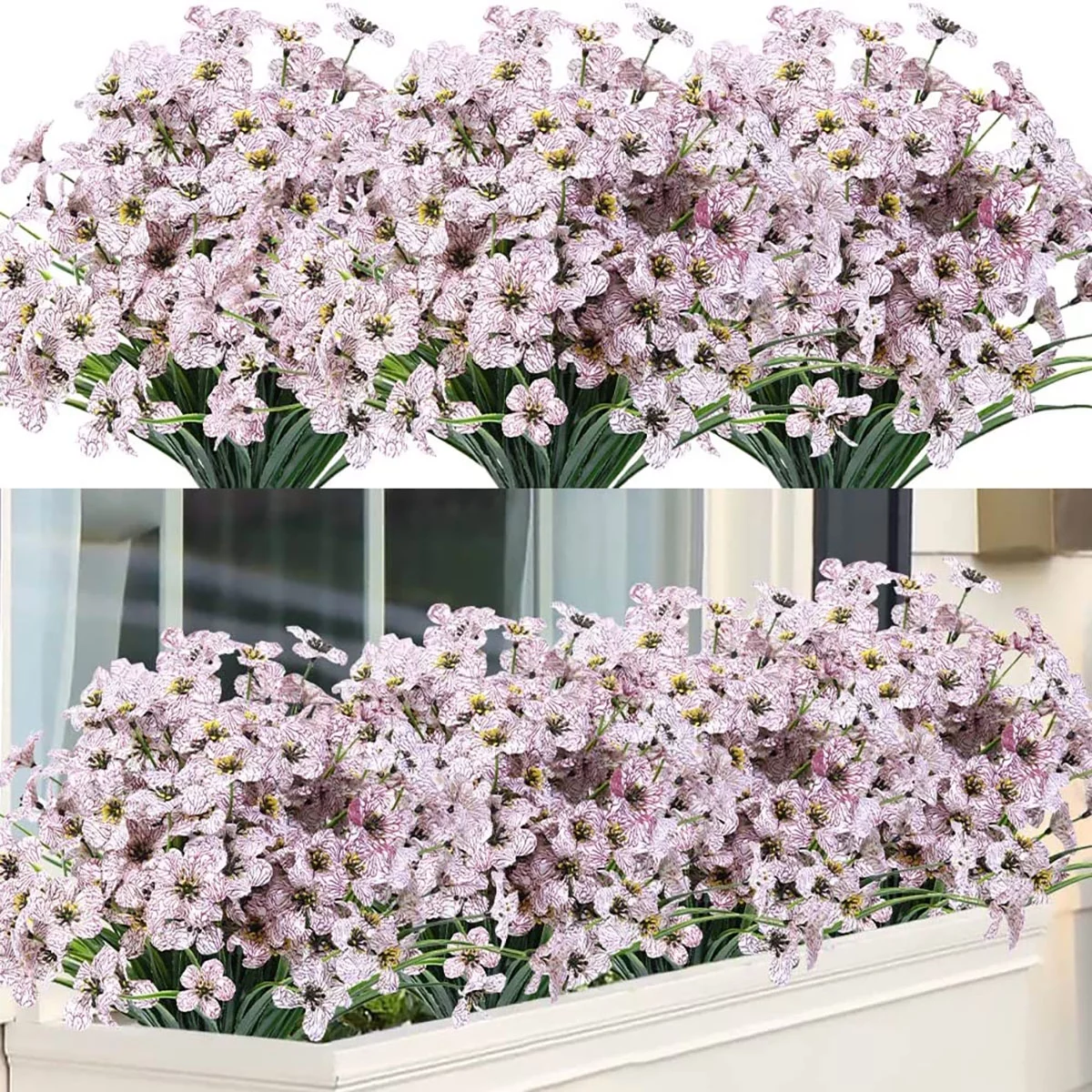 12 Bundles Artificial Violet Plastic Flowers Outdoor UV Resistant Fake Violet Faux Plants for Home Window Box Garden Planter Indoor Outside Decorations(White)