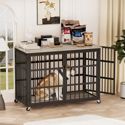 Furniture style dog crate wrought iron frame door with side openings, Grey, 38.4''W x 27.7''D x 30.2''H.