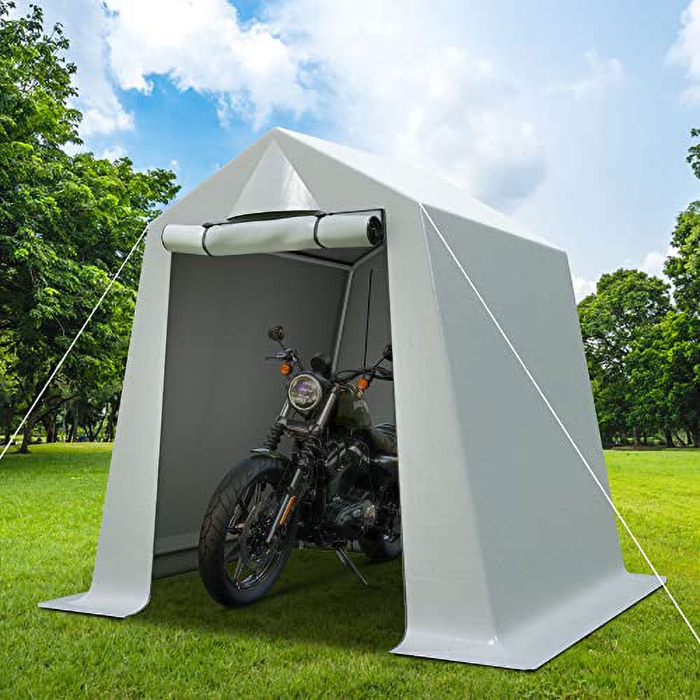 Outdoor Storage Shelter, 6x7 ft Outdoor Carport Shed Motorcycle Tent with 2 Roll-up Zipper Doors and Vents, Portable UV Resistant and Waterproof Storage Shed for Bike, Firewood, Silver Grey