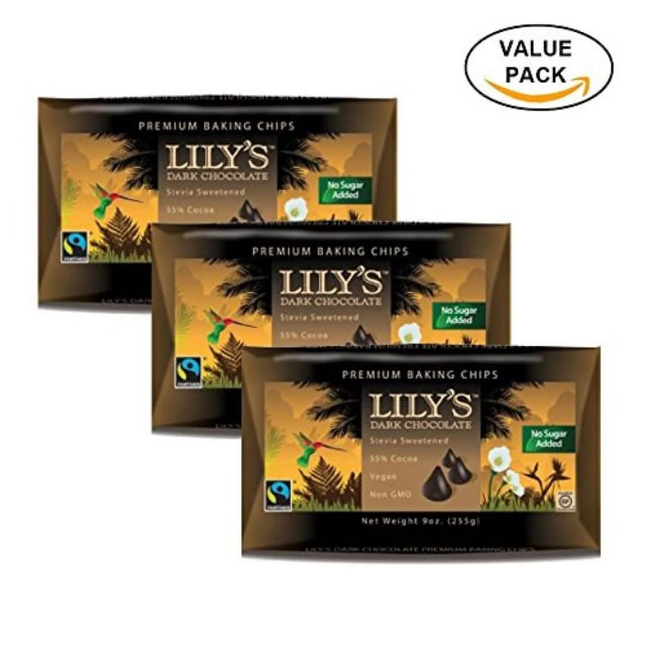 lilly's dark chocolate chips, stevia, vegan, 55% cocoa, non-gmo, sugar free, 27 oz total (3 pack value)