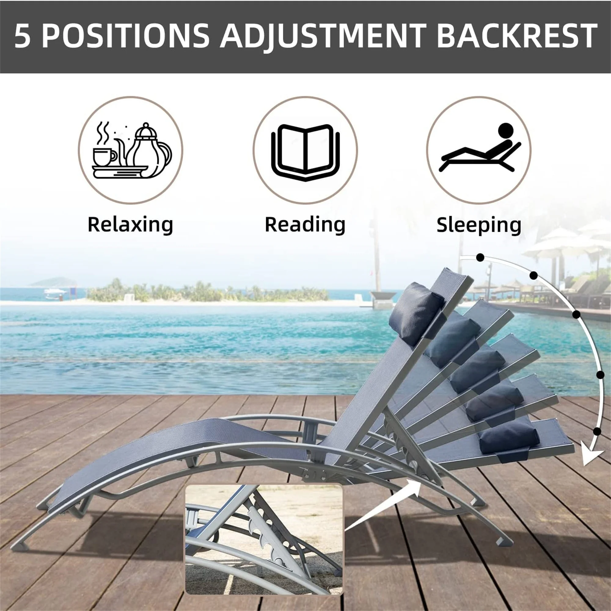 Adjustable Aluminum Chaise Lounge Chairs with Metal Side Table,Set of 3 Navy Blue