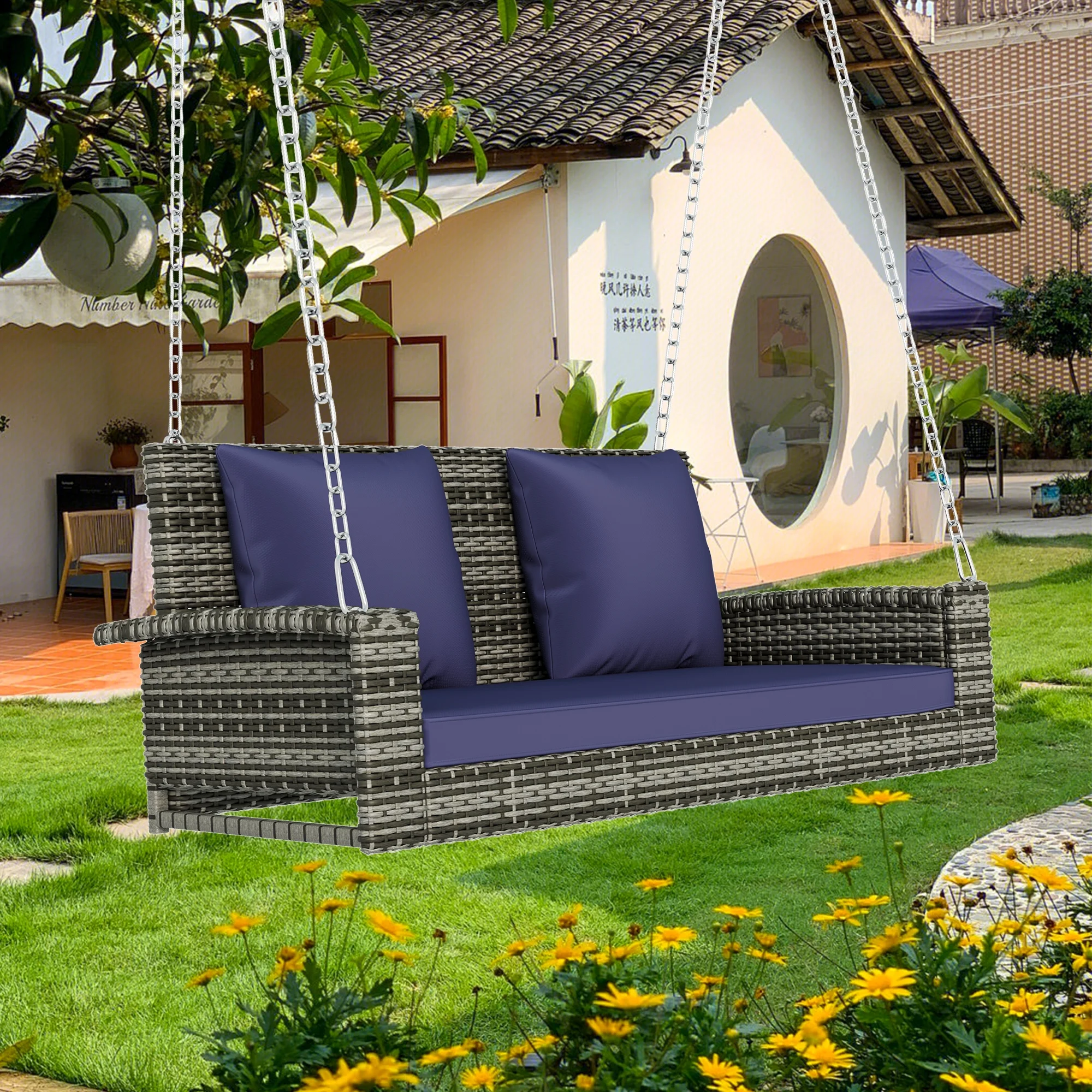 2-Seats Wicker Hanging Porch Swing Chair Outdoor Black Rattan Patio Swing Lounge w/ 2 Back Cushions Capacity 530lbs for Garden, Balcony, Living Room, Blue