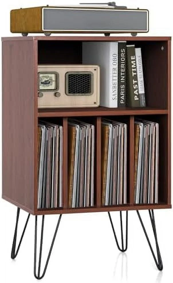 JYHOME Record Player Stand  Turntable Stand Holds up to 150 Albums  Mid-Century Vinyl  Cabinet Table with Metal Legs  Record Player Holder End Table for Bedroom Living Room  Brown