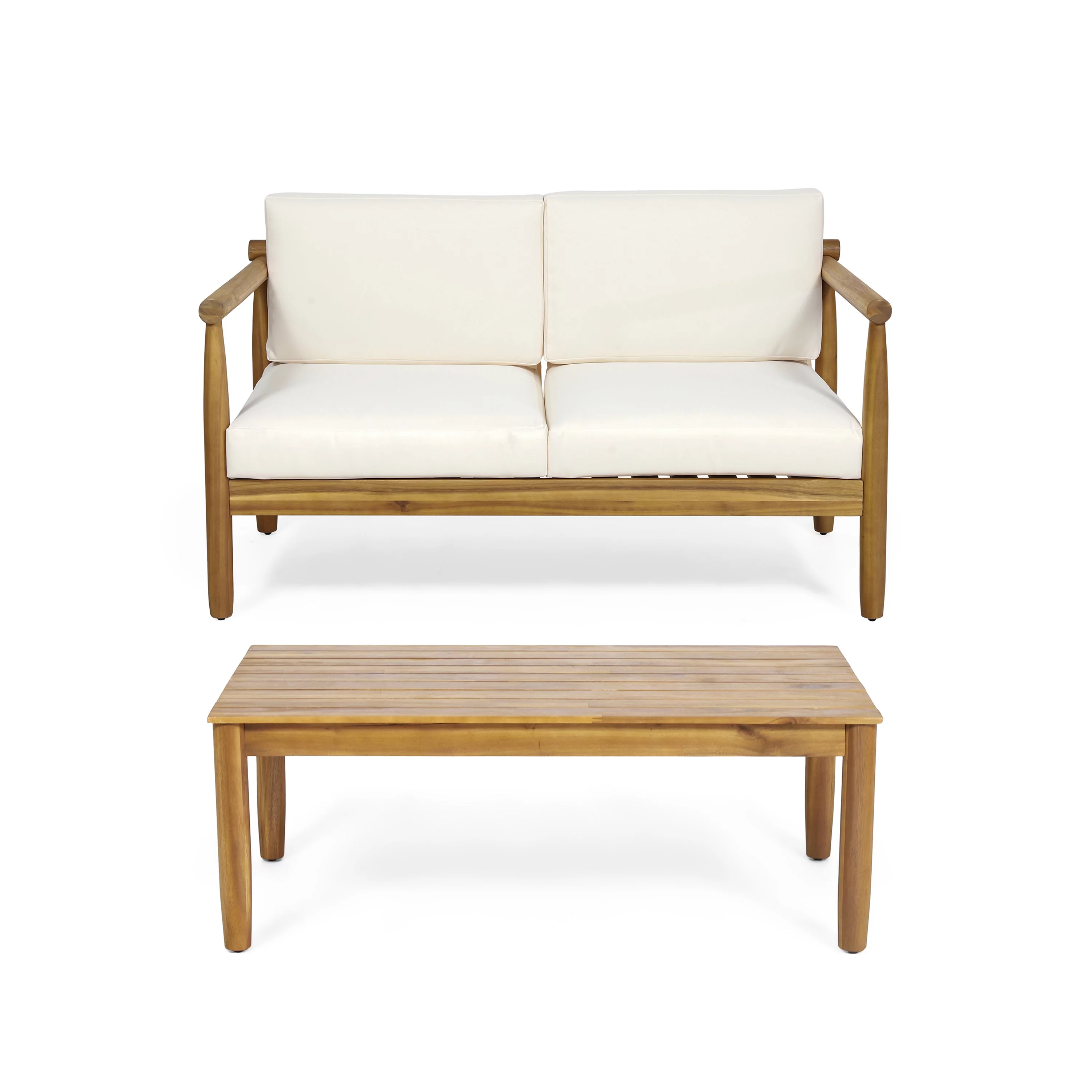 GDF Studio Benewah Outdoor Acacia Wood Loveseat and Coffee Table with Cushions, Teak, Cream