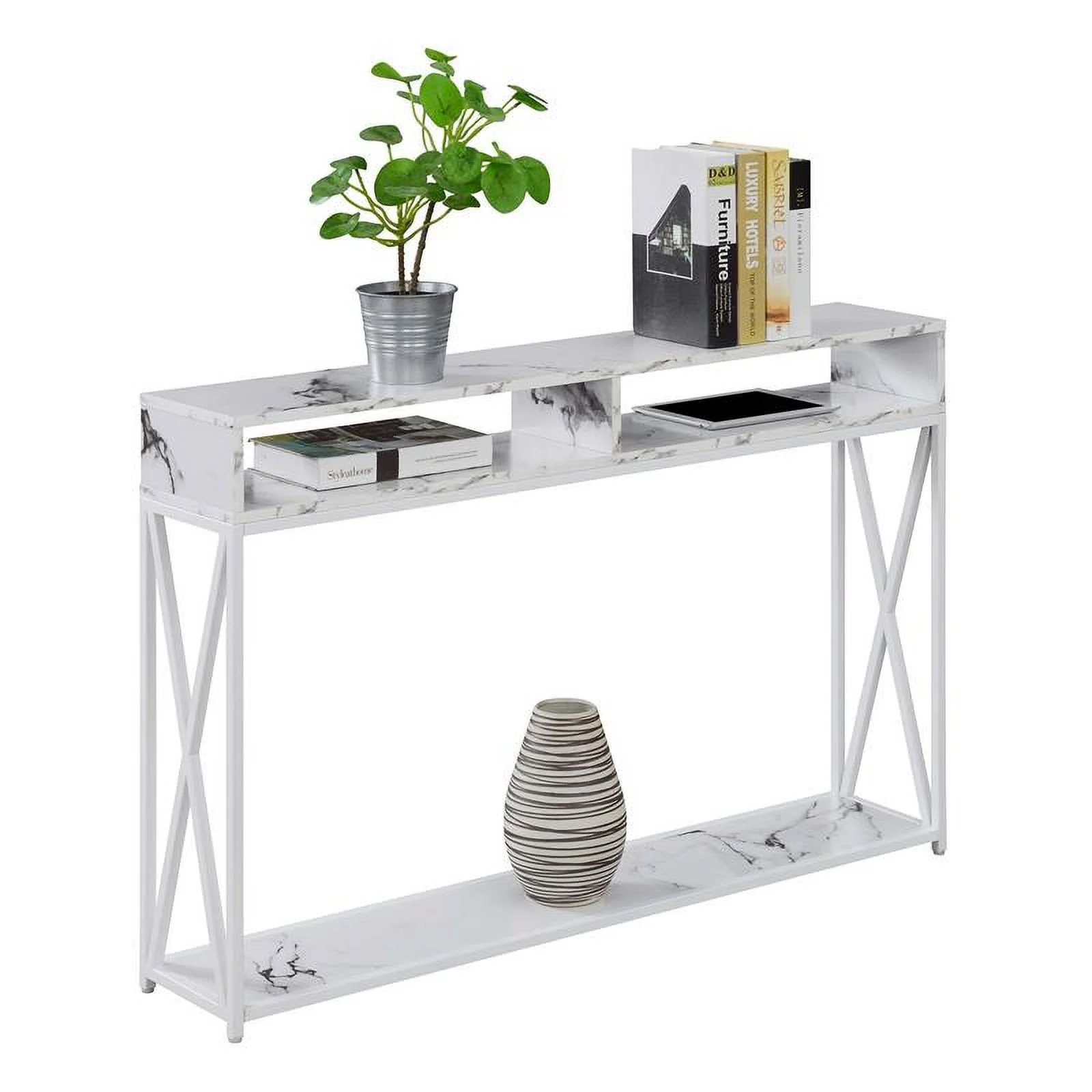 Pemberly Row Modern Deluxe Console Table with Shelf in White Wood Finish