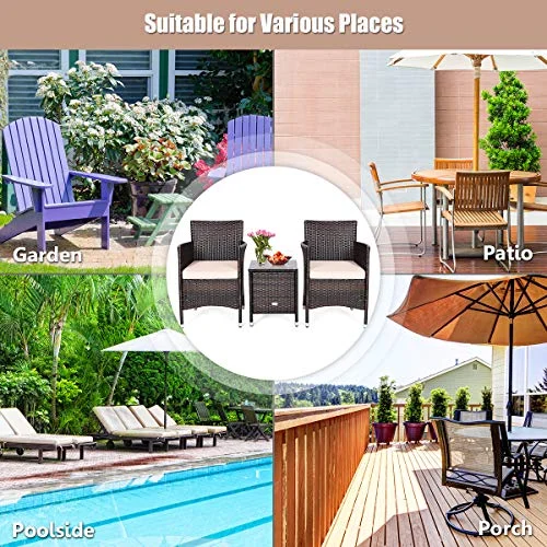 HAPPYGRILL 3-Pieces Patio Furniture Set Outdoor Wicker Rattan Conversation Set with Coffee Table Chairs & Thick Cushions Bistro Sets for Patio Garden Lawn Backyard Pool