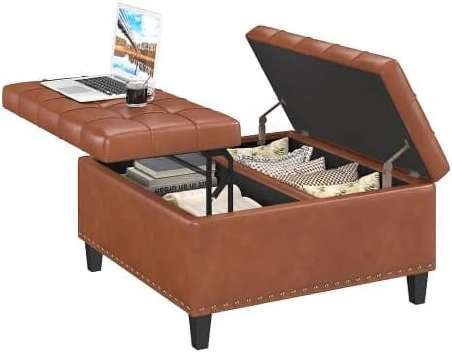 xrboomlife Tufted Square Ottoman Coffee Table with   Leather Upholstered Cube  Ottoman  Oversized Footrest Stool Toy Box  for Livingroom Bedroom  White