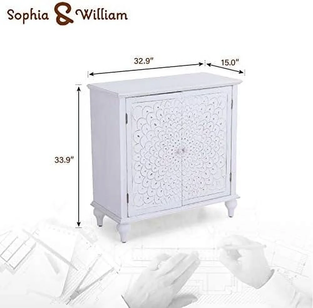 NLTBONNIE Sophia & William 2-Door Accent Cabinet  Distressed  Cabinet with Iron Stamped Floral Pattern for Entryway Living Room Bedroom  White