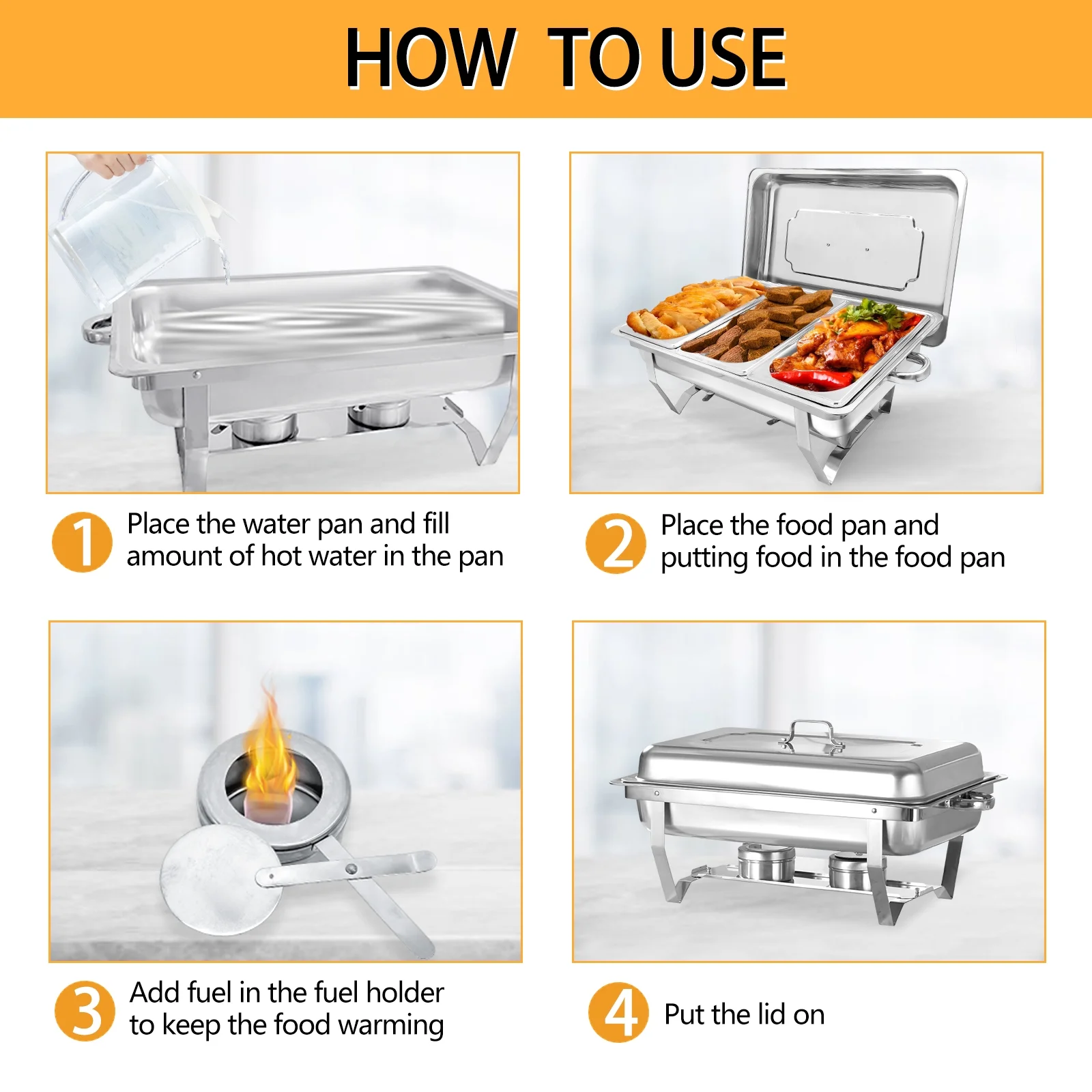 Jacgood Chafing Dish Buffet Chafer Set 4 Packs 8 Qt. Foldable Rectangular Stainless Steel Chafer Set with 1/3 Size Food Pans