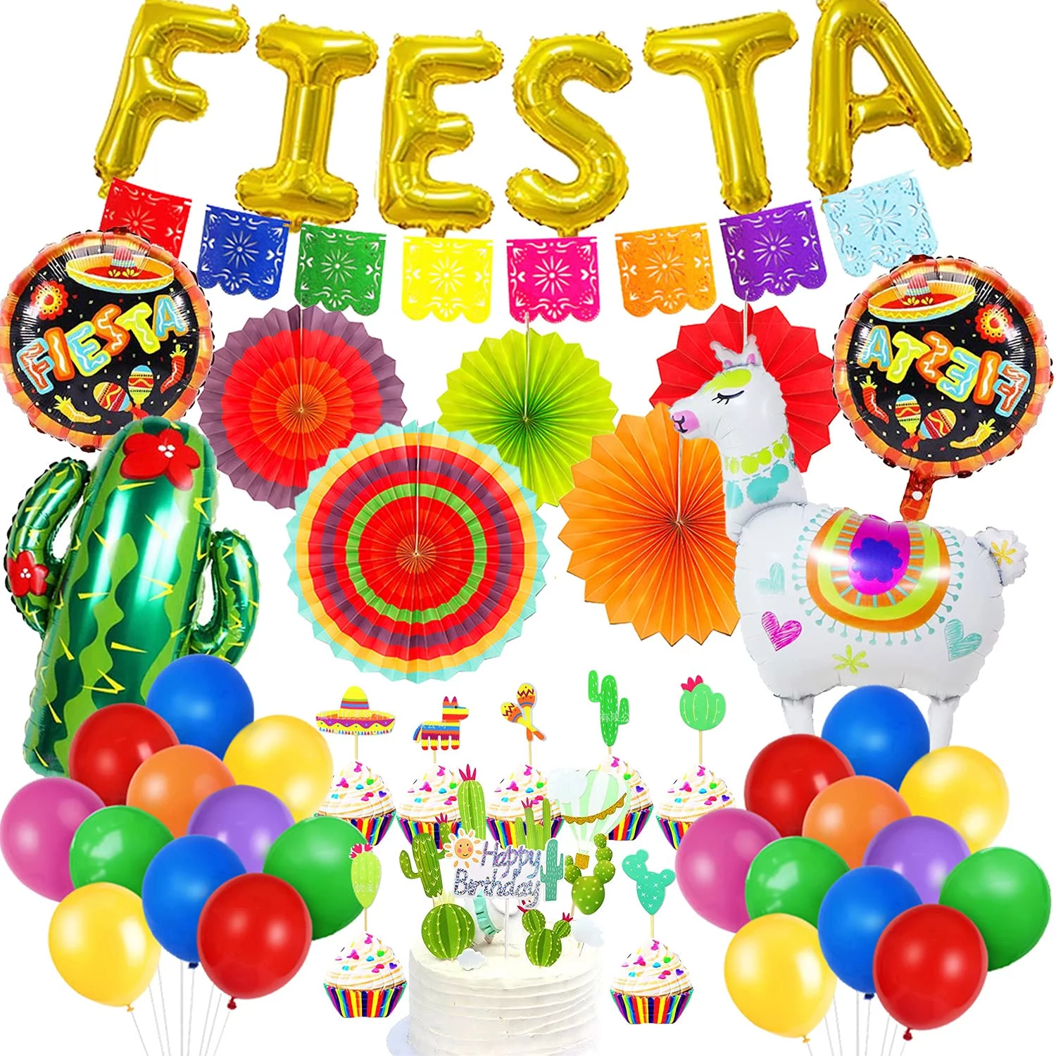 Fiesta Party Supplies, Multicolor Picado Banner Fiesta Cactus Alpaca Foil Balloons Paper Fan Pompoms Bunting Banner for Fiesta Mexican Cinco De Mayo Frida Kahlo Party Decorations