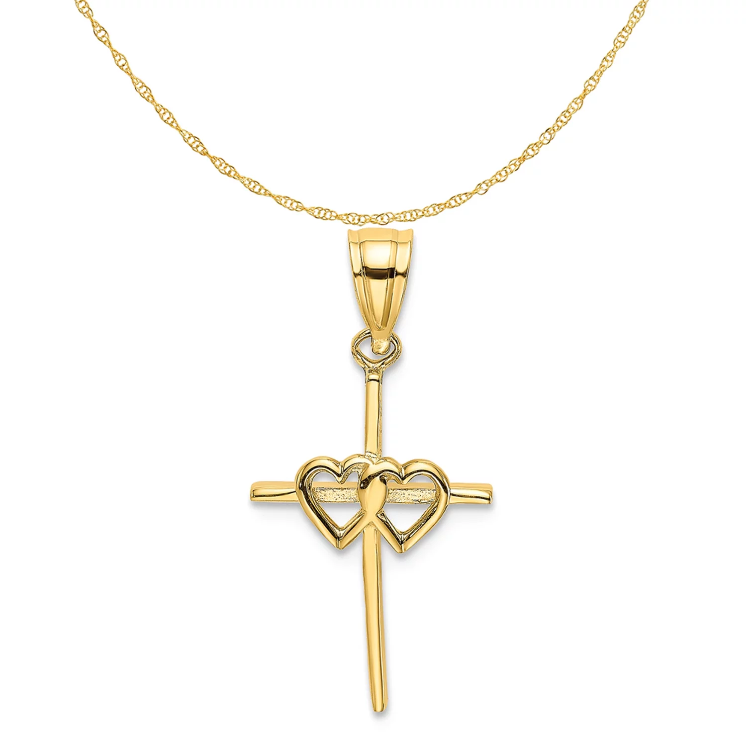Carat in Karats 14K Yellow Gold Polished Double Hearts On Stick Cross Pendant Charm (16.4mm x 11mm) With 14K Yellow Gold Lightweight Rope Chain Necklace 20''