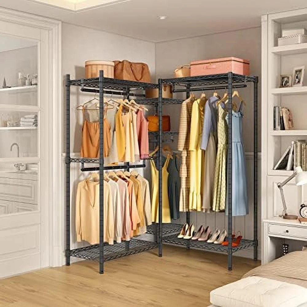 GVJMTKP L6 L Shaped  Heavy Duty Clothing Rack for Corner  5-Tier Wire Garment Rack Metal Freestanding Closet with Adjustable Shelves  46.5" L x 46.5" W x 76.4" H  Max Load 800