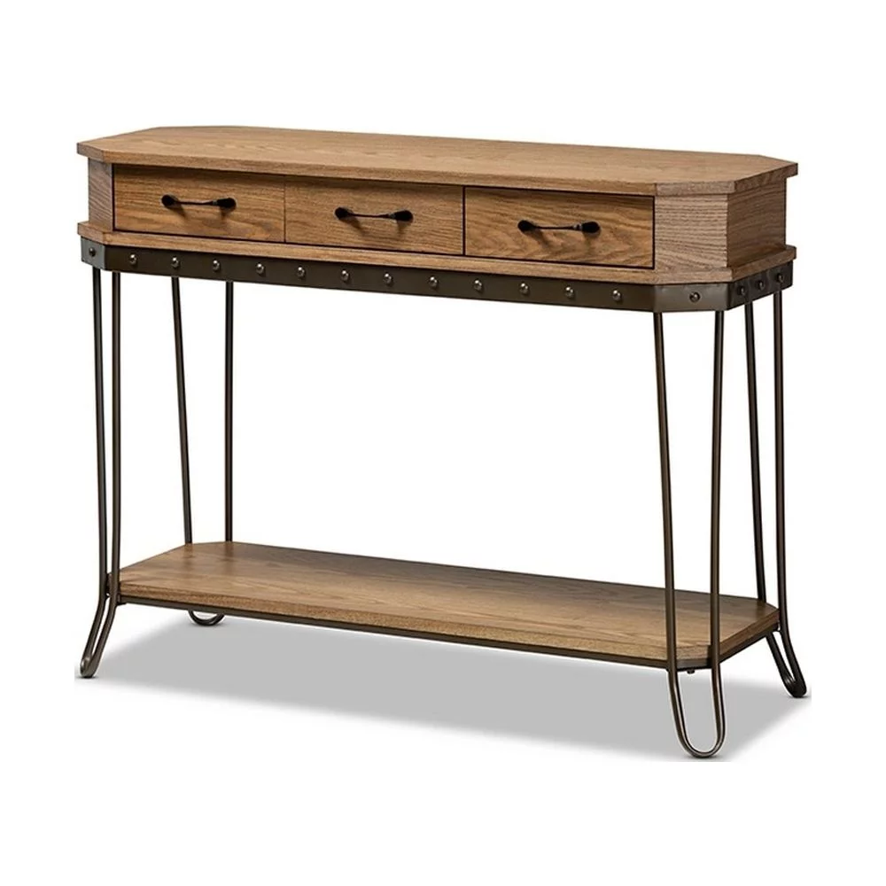Kellyn Vintage Rustic Industrial Oak Brown Finished Wood and Metal 3-Drawer Console Table?