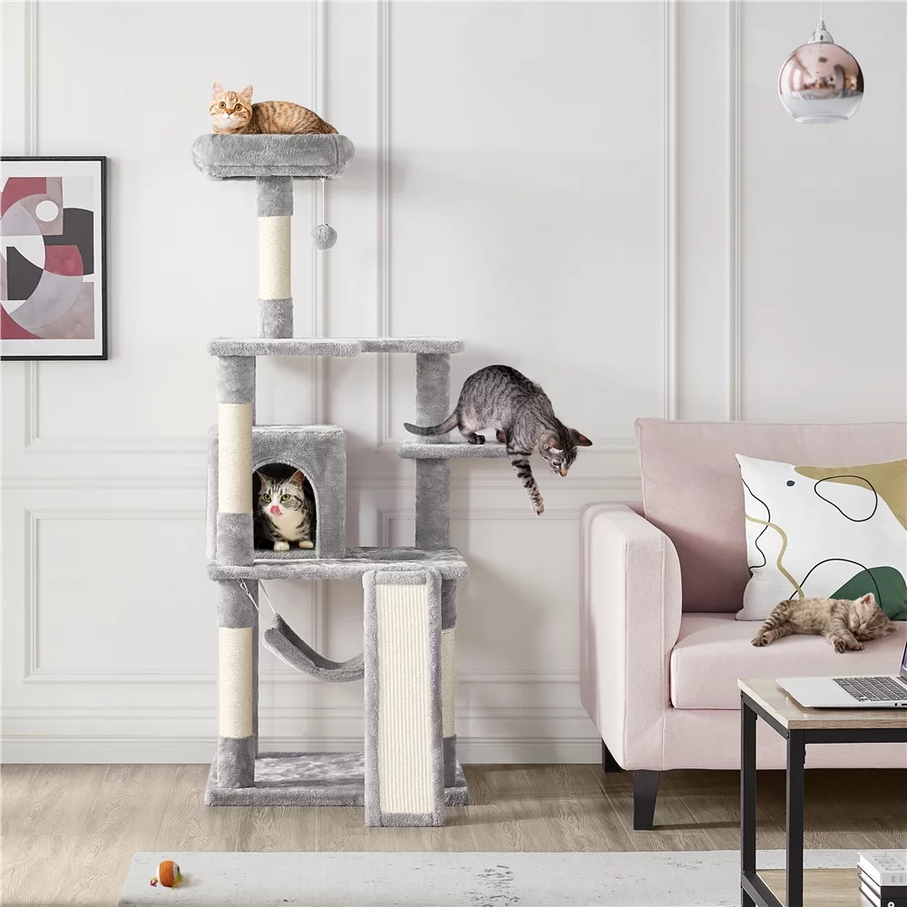 Easyfashion 60.5-inch Tall Cat Tree Cat Tower with Condo, Light Gray