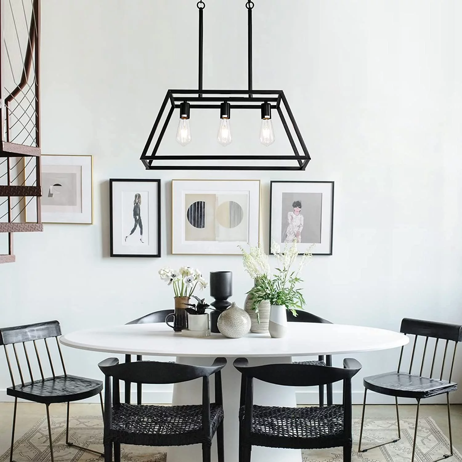 Black Kitchen Island Lighting, 3-Light Farmhouse Chandeliers, Modern Industrial Linear Rectangle Pendant Light Fixtures for Dining Room Kitchen Bar Foyer(Metal, E26 Base)