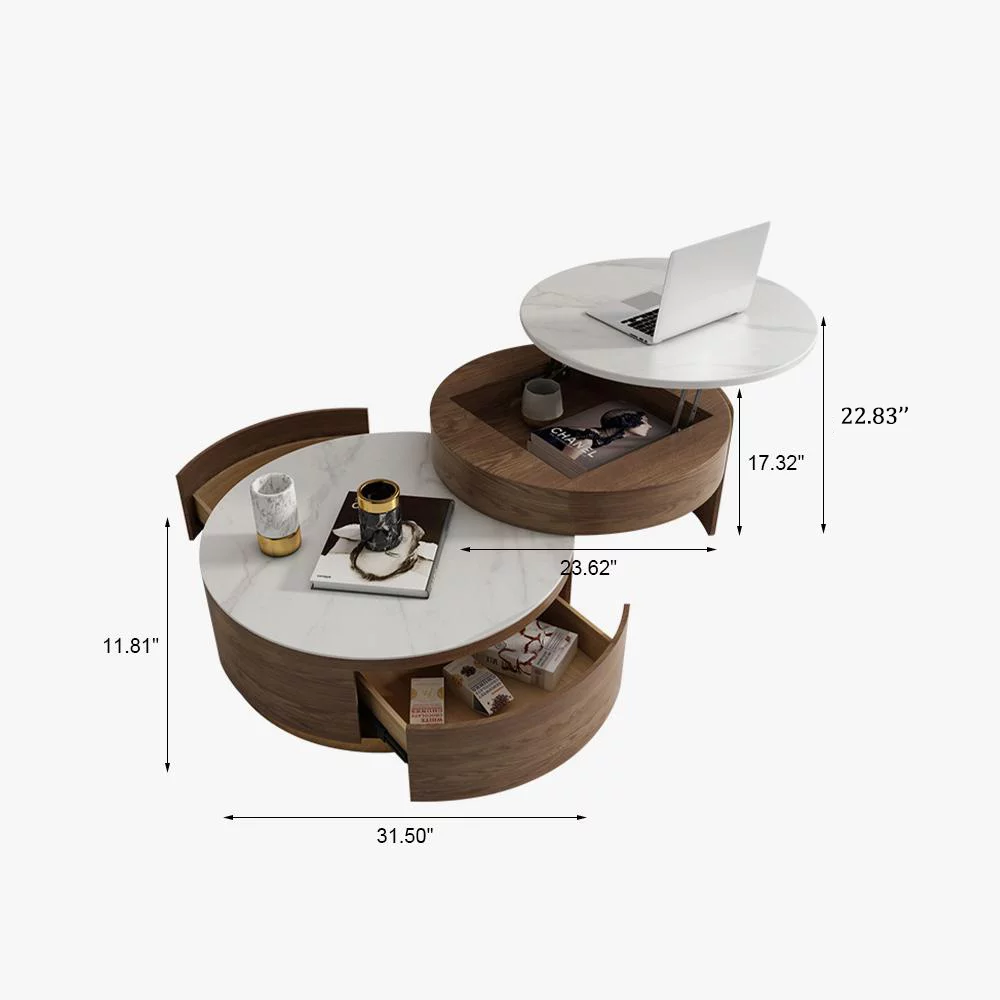 MONTARY Ziv Lift-top Modern Nesting Coffee Table Set Of 2, White Sintered Stone Coffee Table Set, Fully-assembled, 31.5“, Brown