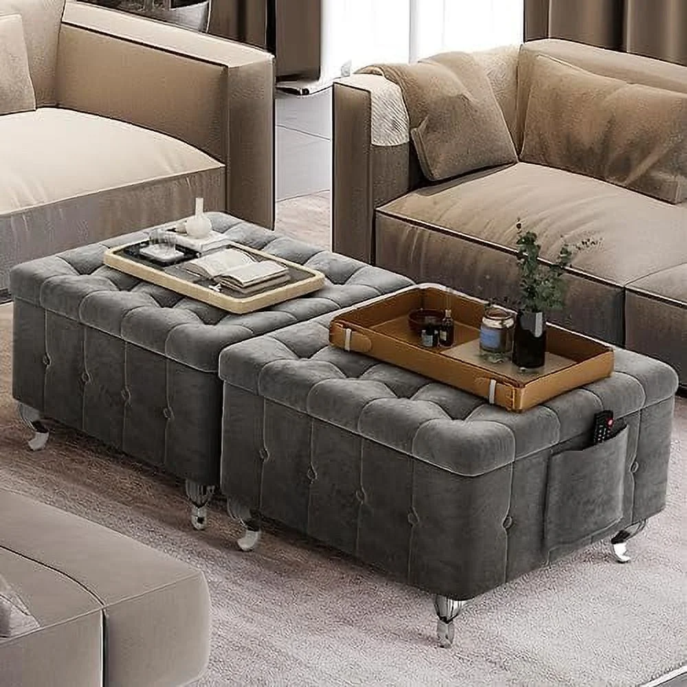 HYHBIBOOM Wide Square Ottoman  in Upholstered  2 Pieces Mid Century Modern Coffee Table  Ottoman for Living Room  Large Footrest Ottoman for Bedroom  Velvet Fabric  Smooth Hinge
