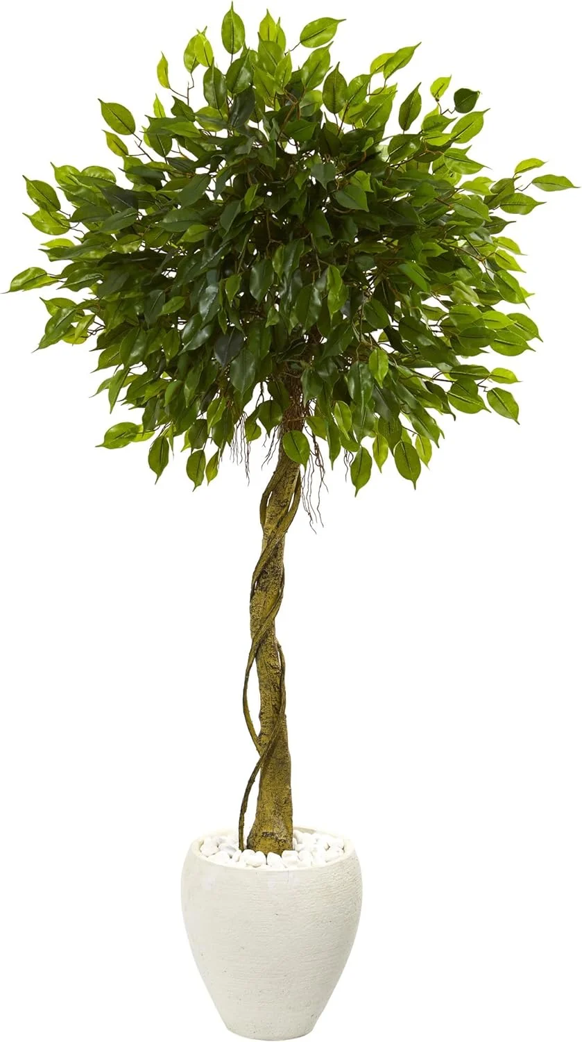 YANRUI 5.5ft. Ficus Artificial Tree in White Oval Planter UV Resistant (Indoor/Outdoor)
