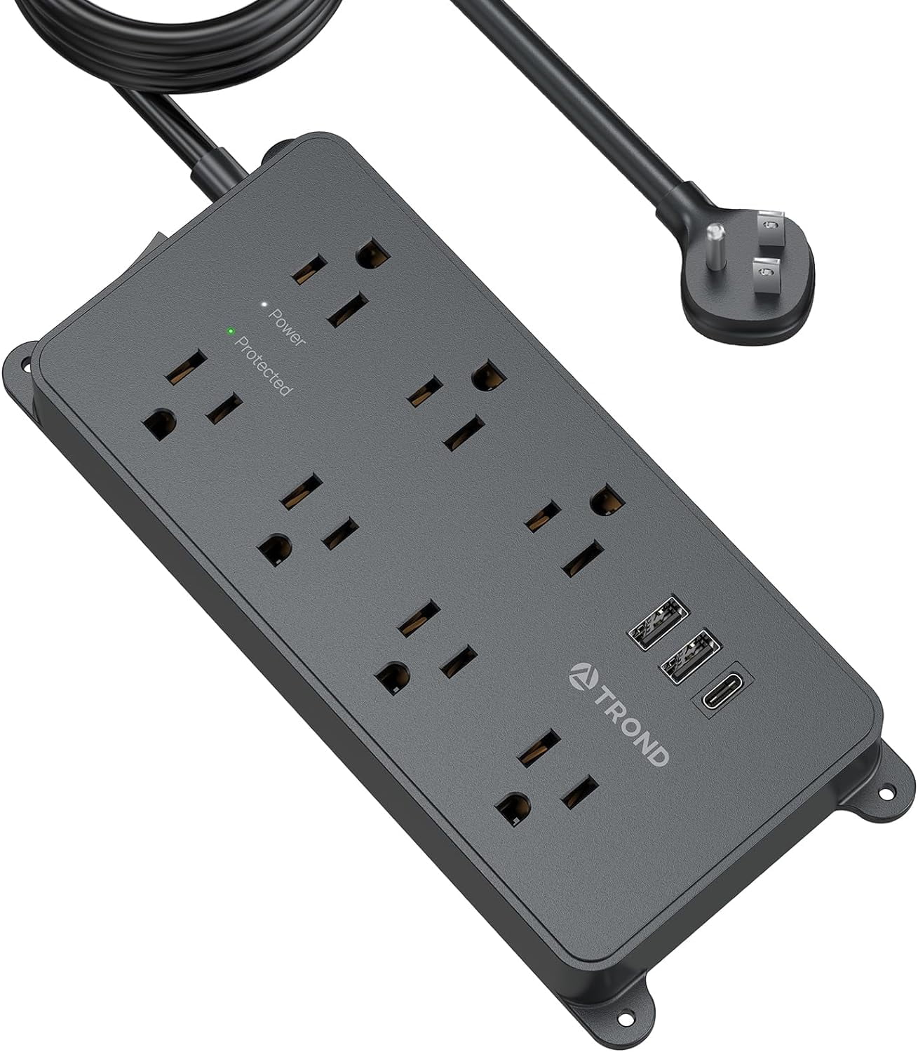 Power Strip Surge Protector 10ft, ETL Listed, TROND Flat Plug Extension Cord with 3 USB Ports (1 USB C), Wall