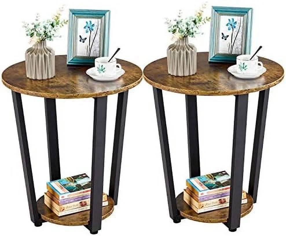 SJUIONG Industrial Small Round End  for Living Room   2-Tier  Sofa Table with  Rack and Metal Frame for Small Spaces Office  Accent   Rustic Brown
