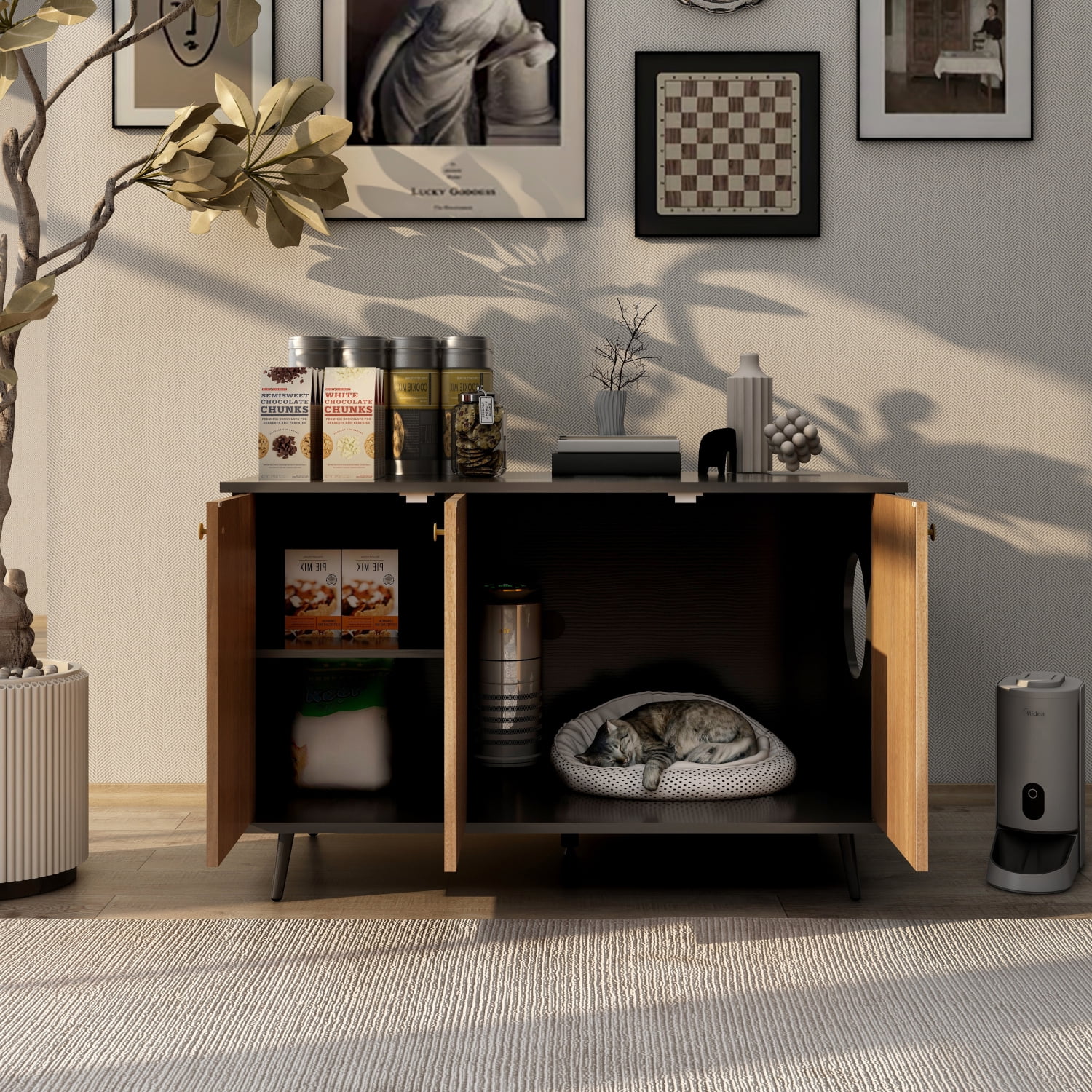 Modern Large Black and Walnut Wooden Litter Box Enclosure with Hidden Plug and 3 Doors for Indoor Cat Washroom. Stylish Cat Furniture Storage Bench Side Table House.