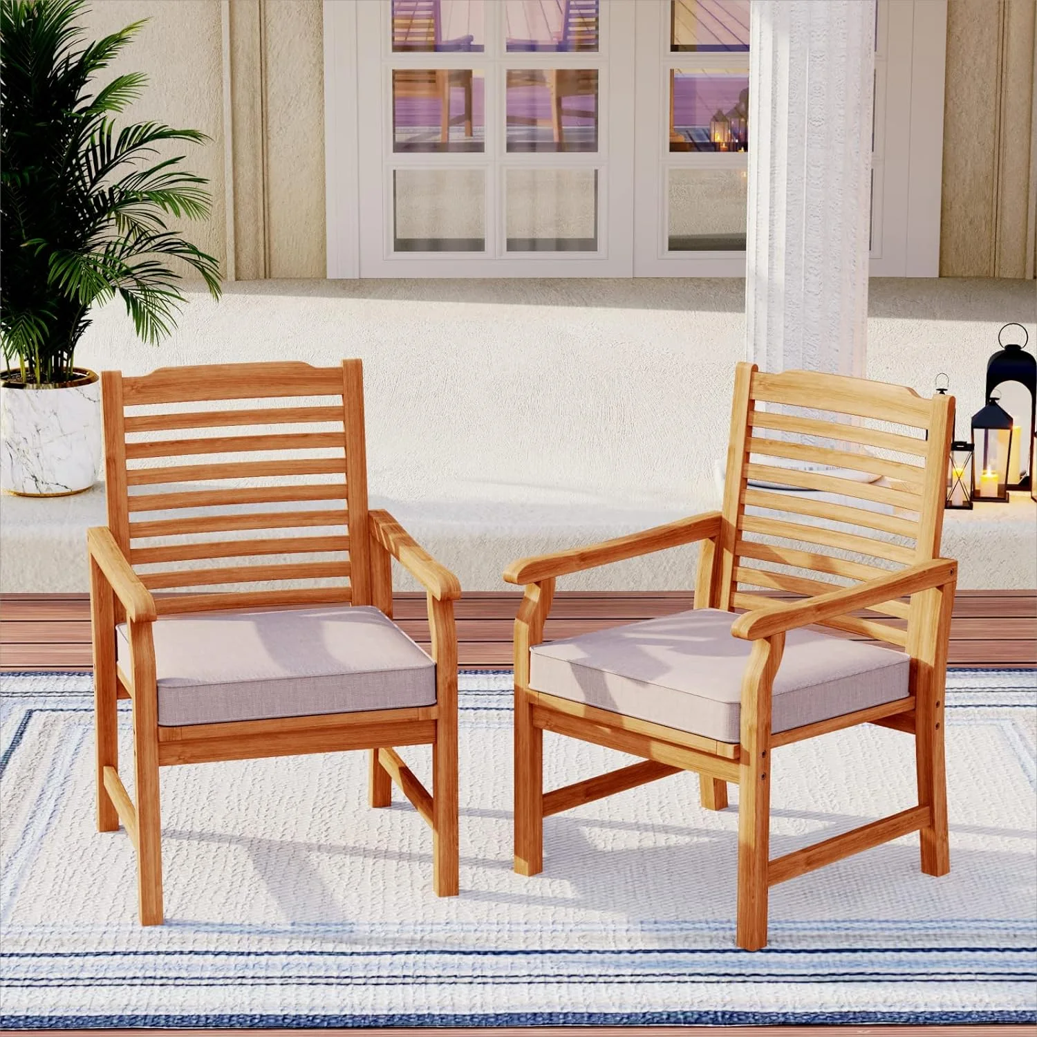 Acacia Wood Patio Dining Chairs Set Of 2, All Weather Extra Large Outdoor Dining Chairs, 2 Pieces Slat Back Teak Finished Patio Chairs With Soft Removable Cushion For Garden, Porch, Backyard