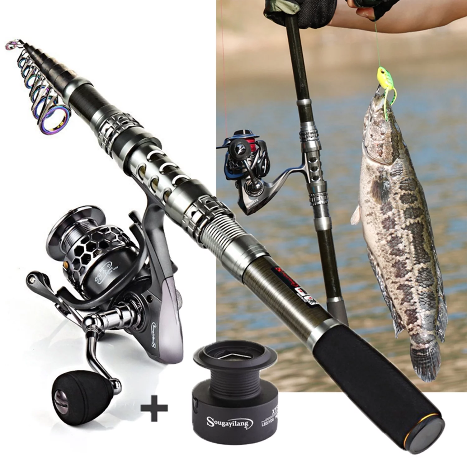 Sougayilang Telescopic Fishing Rod and Reel Combo Spinning Pole - Spinning Reels for Travel Fishing