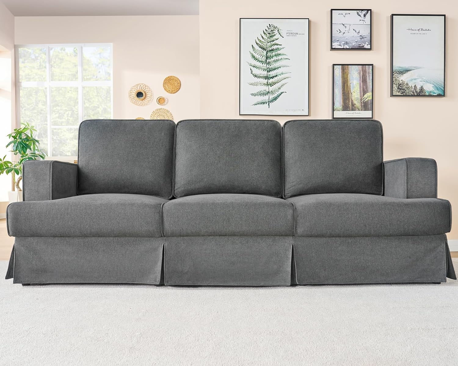 Yunc Modern Sofa, 89 inch Slipcovered Sofa, 3 Seater Sofa Couch for Living Room, Linen Beige Extra Deep Couch