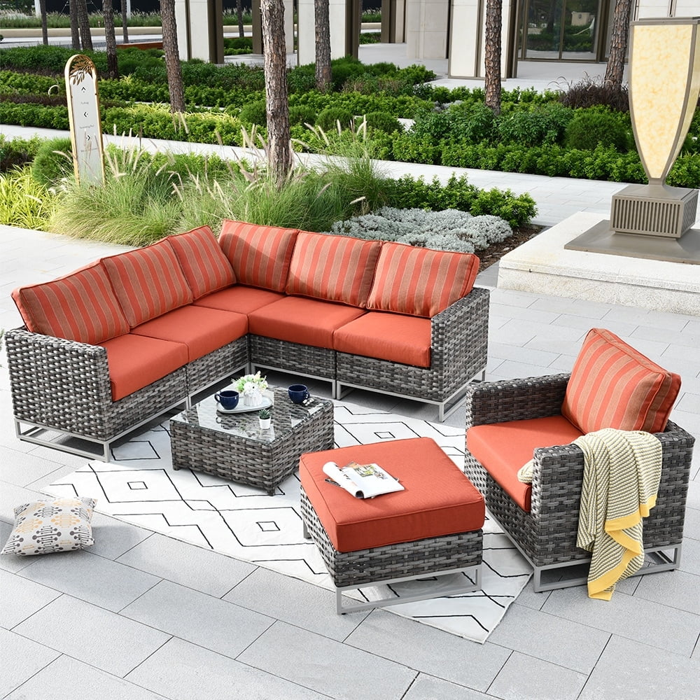 OVIOS  Patio Furniture Deep Seat Wicker Metal Frame 8-piece Set with Cushions with Table Grey/Black Wicker