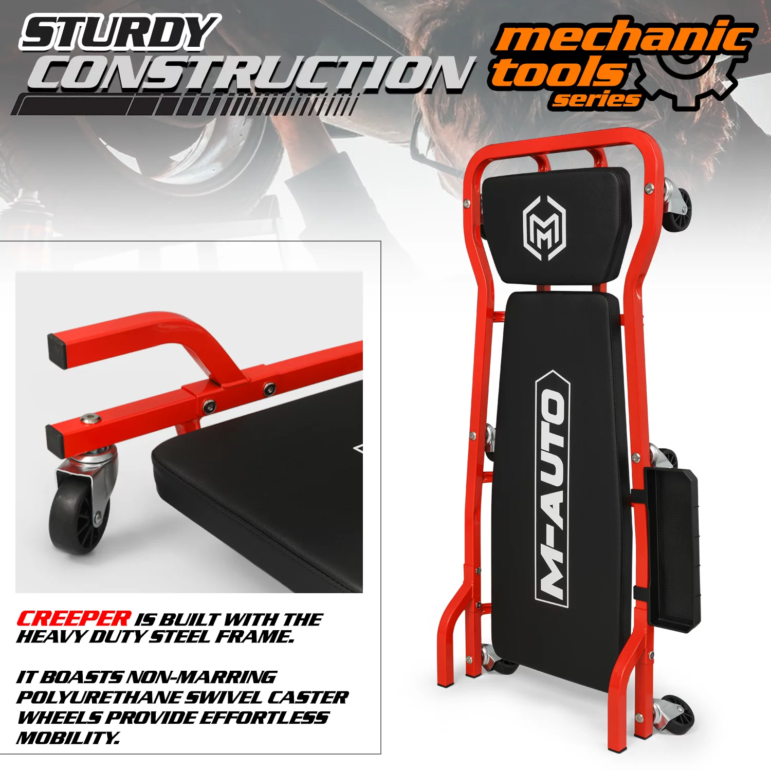 M-AUTO 42.5 Inches Upholstered Rolling Creeper Mechanic Cart with Adjustable Headrest & Handle and 6 Casters, 300 lbs Capacity, Red
